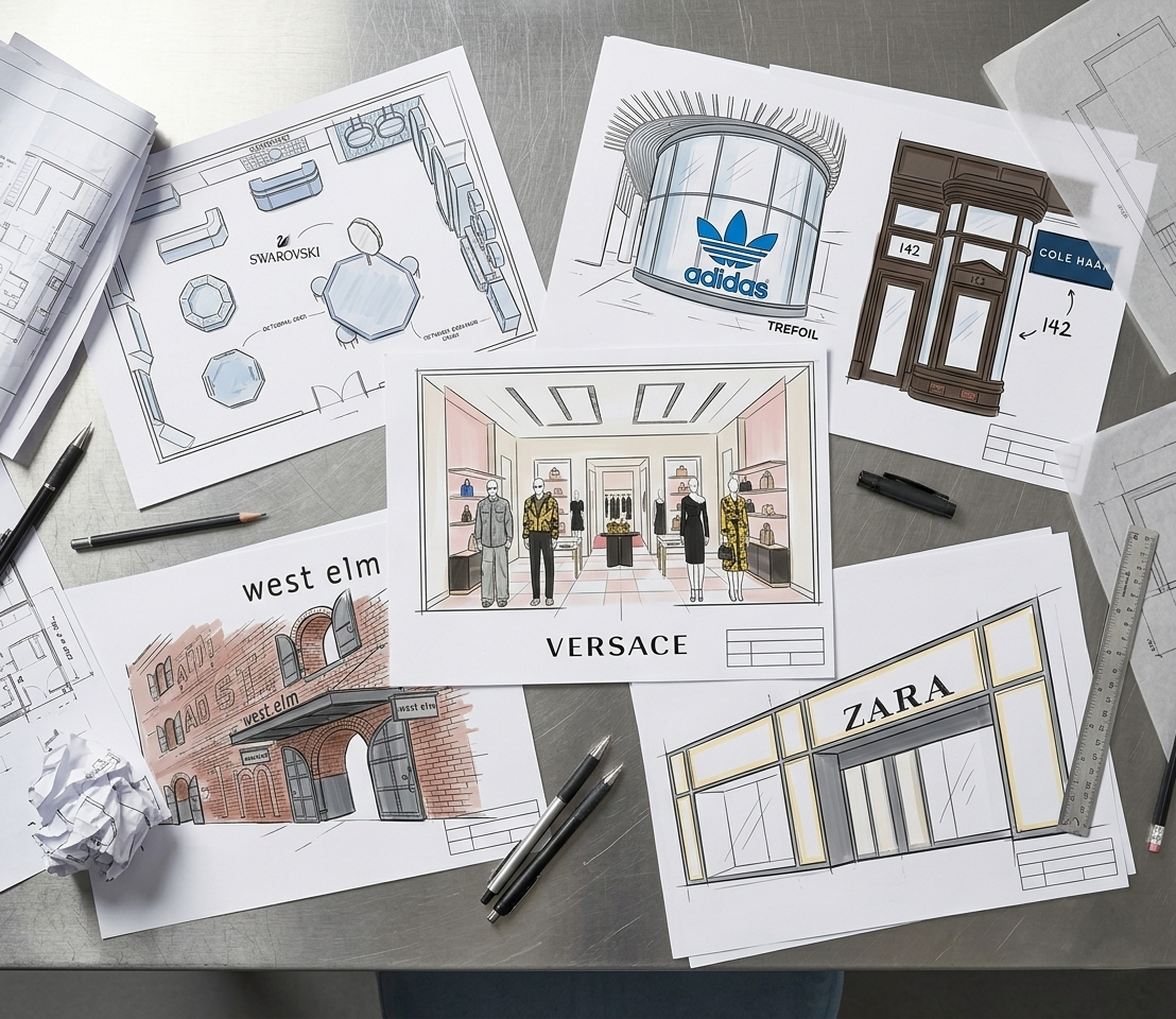 Architectural plans and sketches for retail store interiors and exteriors, including designs for Swarovski, Adidas, Trefoil, Cole Haan, Versace, Zara, and West Elm.