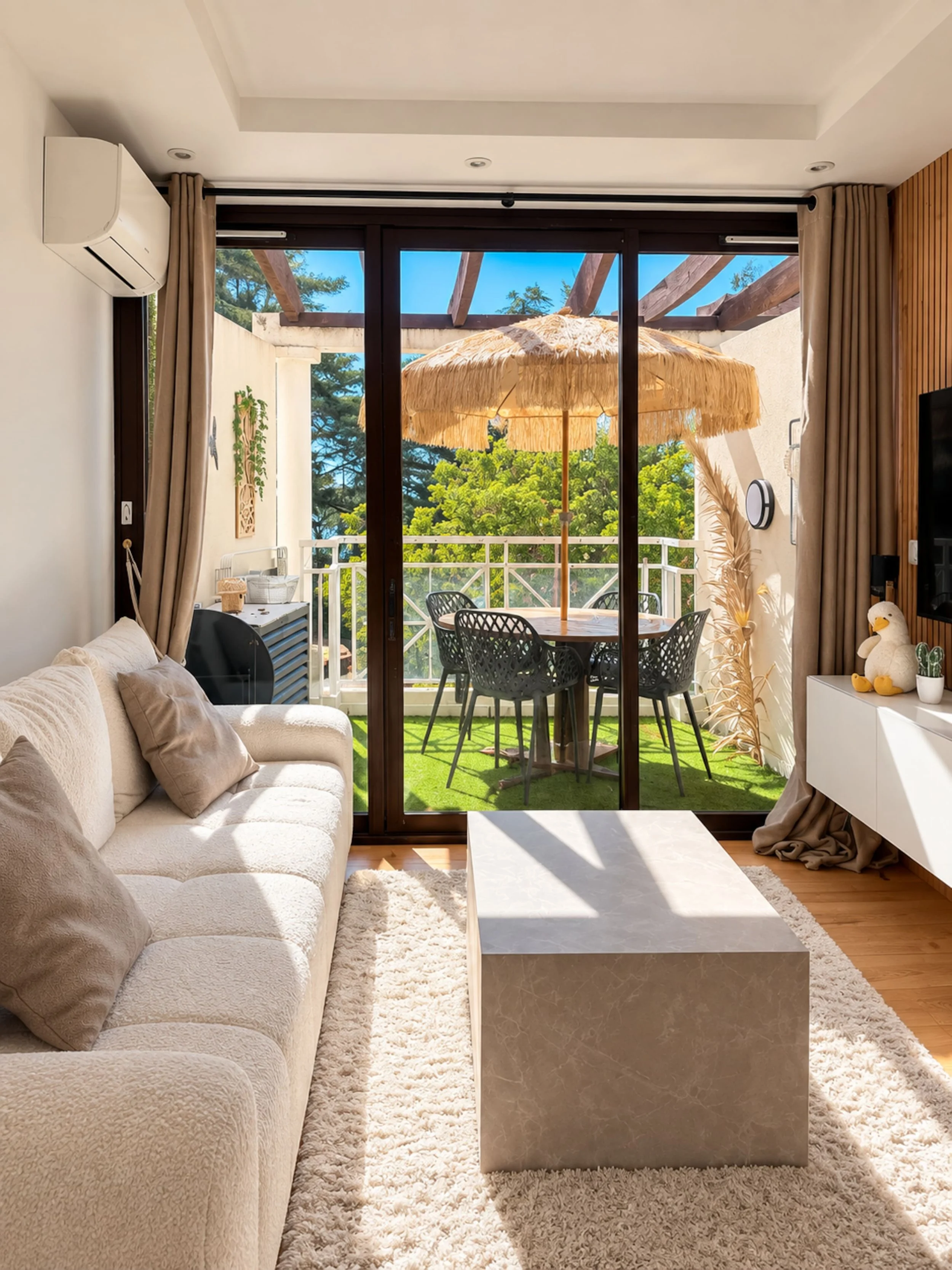 Un salon intérieur avec un canapé beige, une table blanche, un tapis en laine, et un balcon visible à travers une grande porte en verre. Sur le balcon, il y a une table avec des chaises, un parasol en paille, et des arbres verts en arrière-plan.