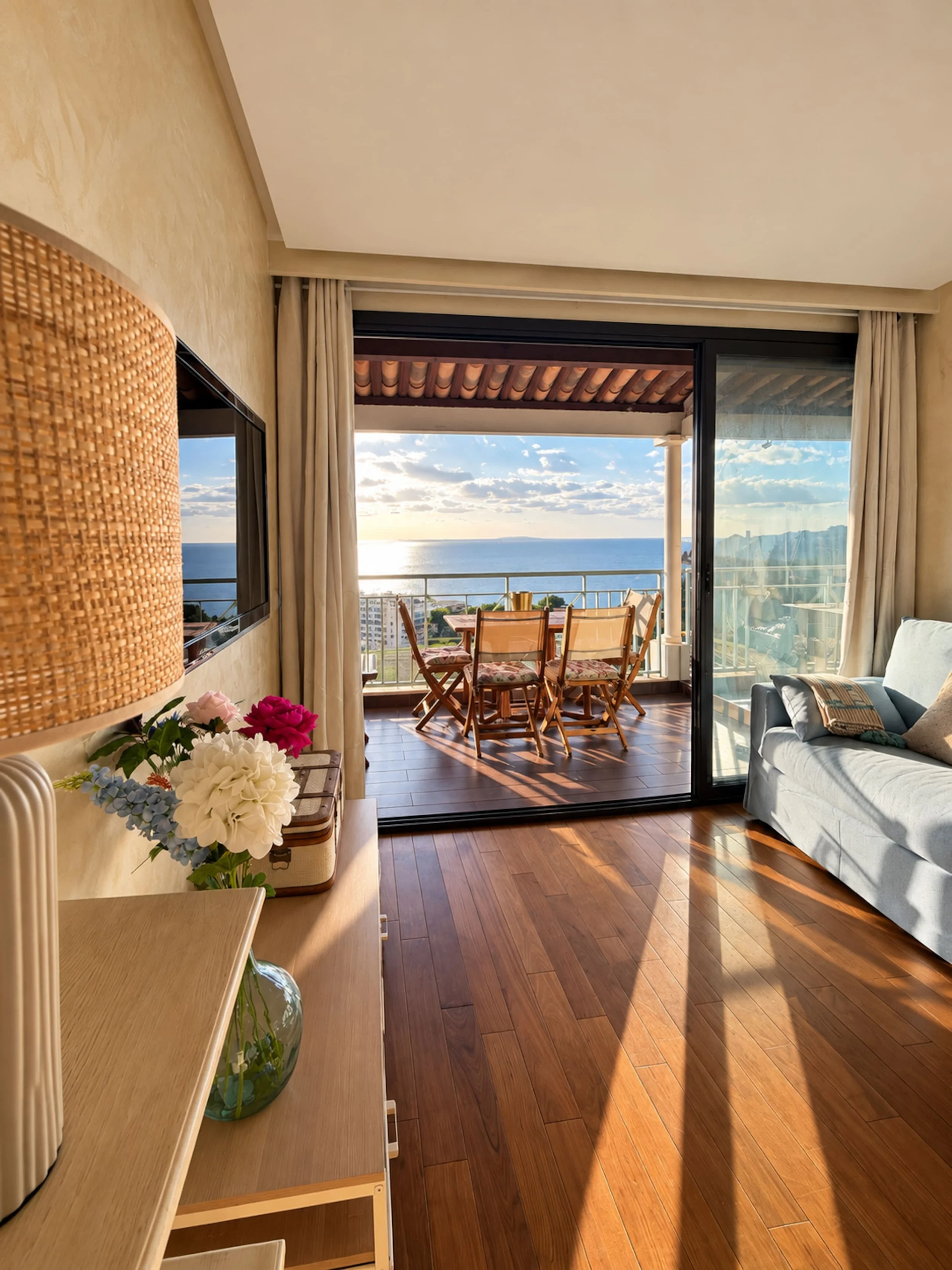 Salon avec vue sur la mer, vue partielle du mobilier, chaise en bois, canapé gris, table avec fleurs, grande baie vitrée ouverte, rayons de soleil sur le sol en bois.