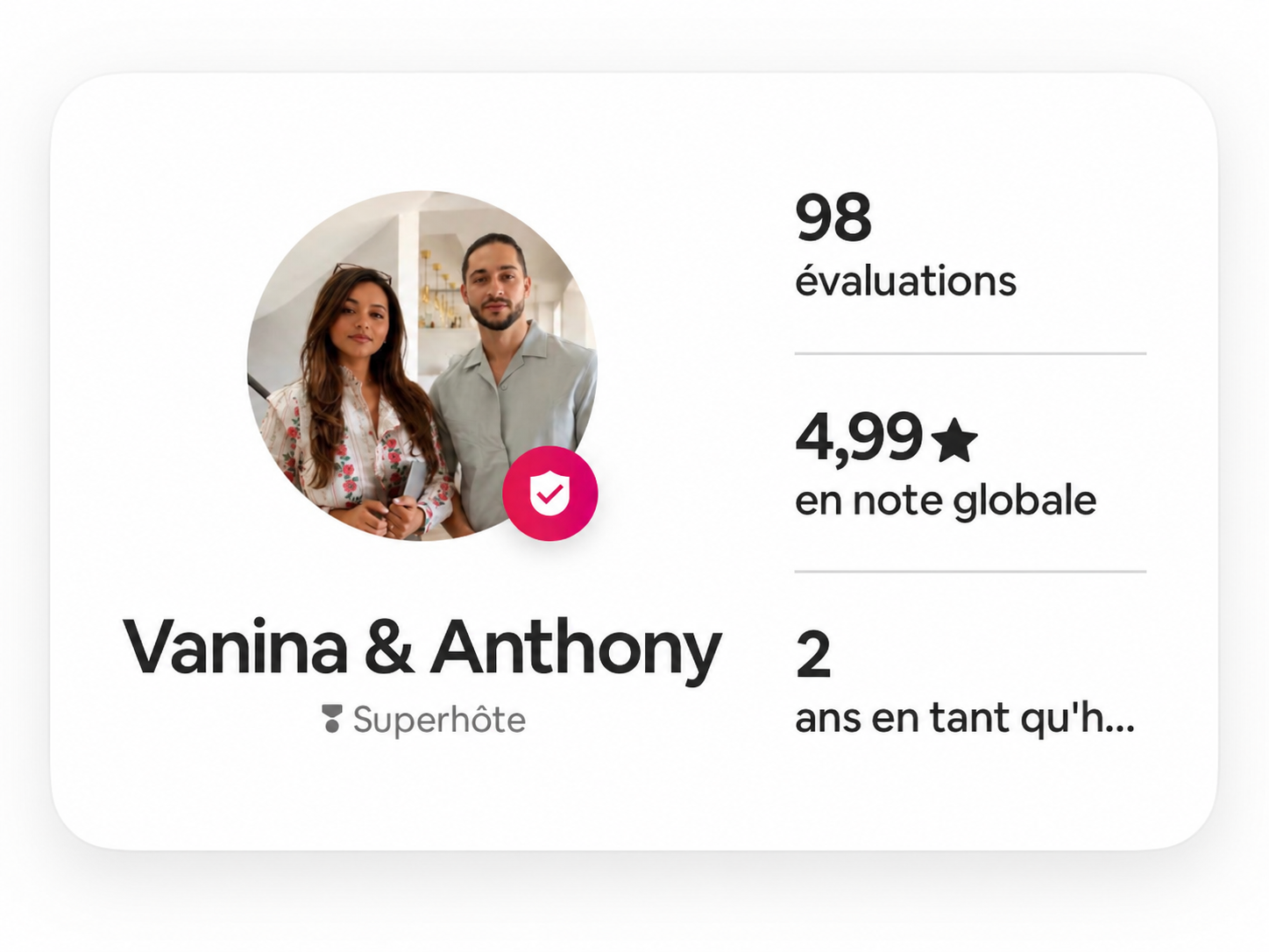 Profil d'une femme et d'un homme, évaluation 98, note moyenne 4,99 étoiles, nom Vanina et Anthony, 2 ans en tant que superhôte.