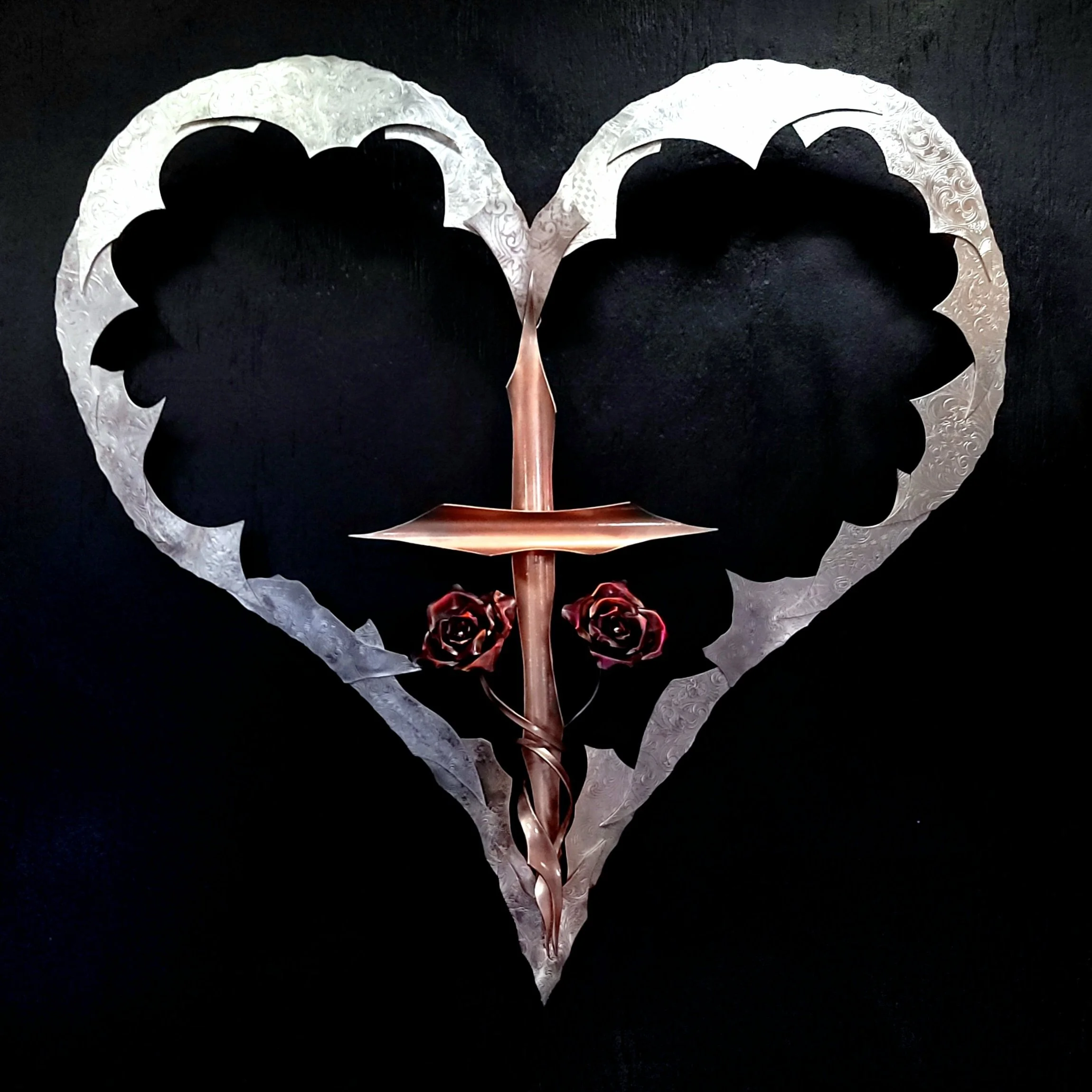 Custom Copper Cross with 2 Copper Roses inside a Silver-Plated Heart Frame