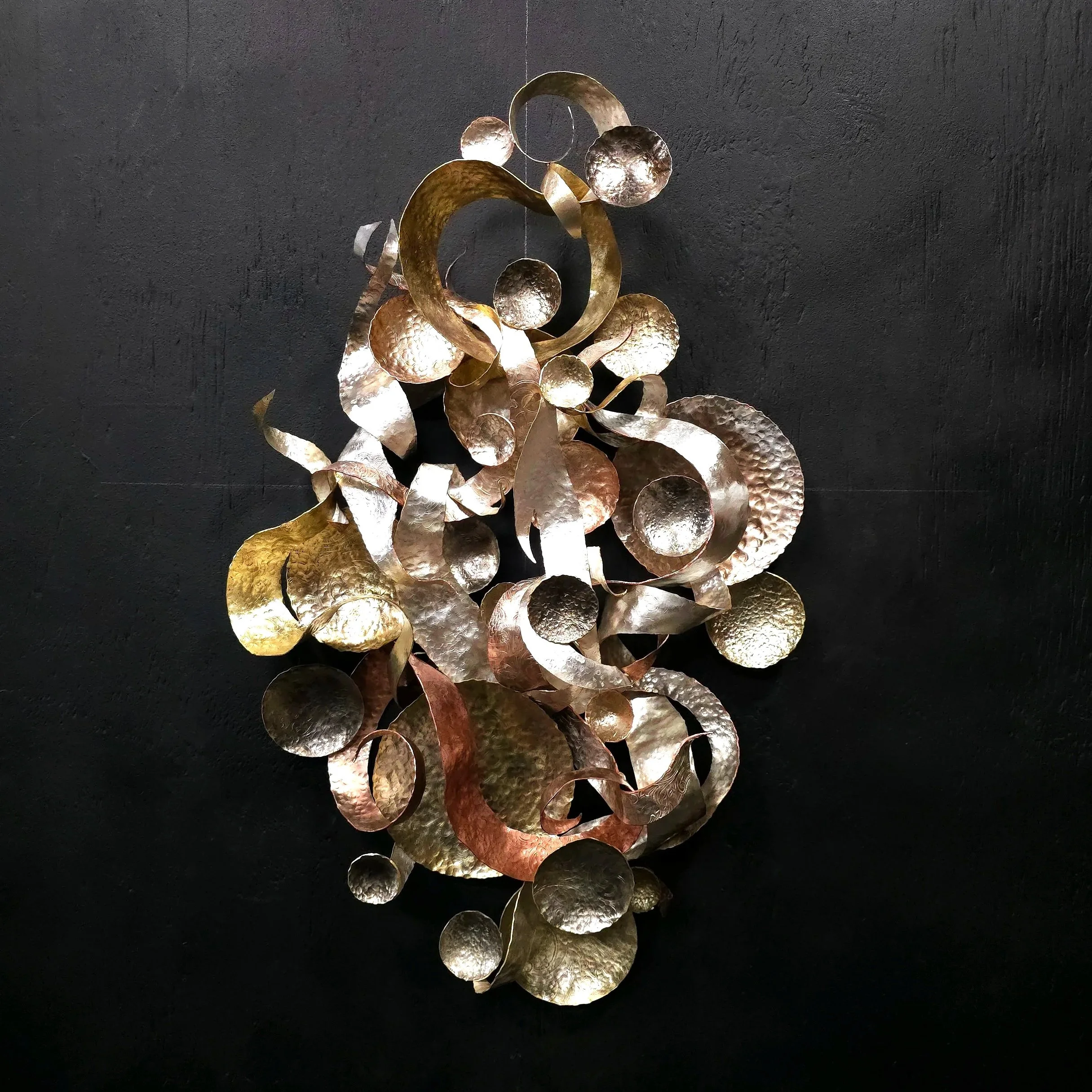 Exclusive Original Wall Art Sculpture 'Effervescence' Created from Hand-Hammered Copper and Brass Reclaimed Vintage Silver-Plate in a Polished High Gloss Finish
