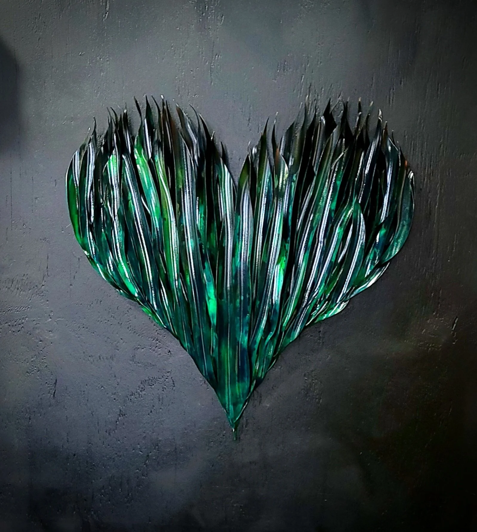 Copper Flame Heart Metal Wall Art Sculpture with Custom Green Lacquer High Gloss Finish