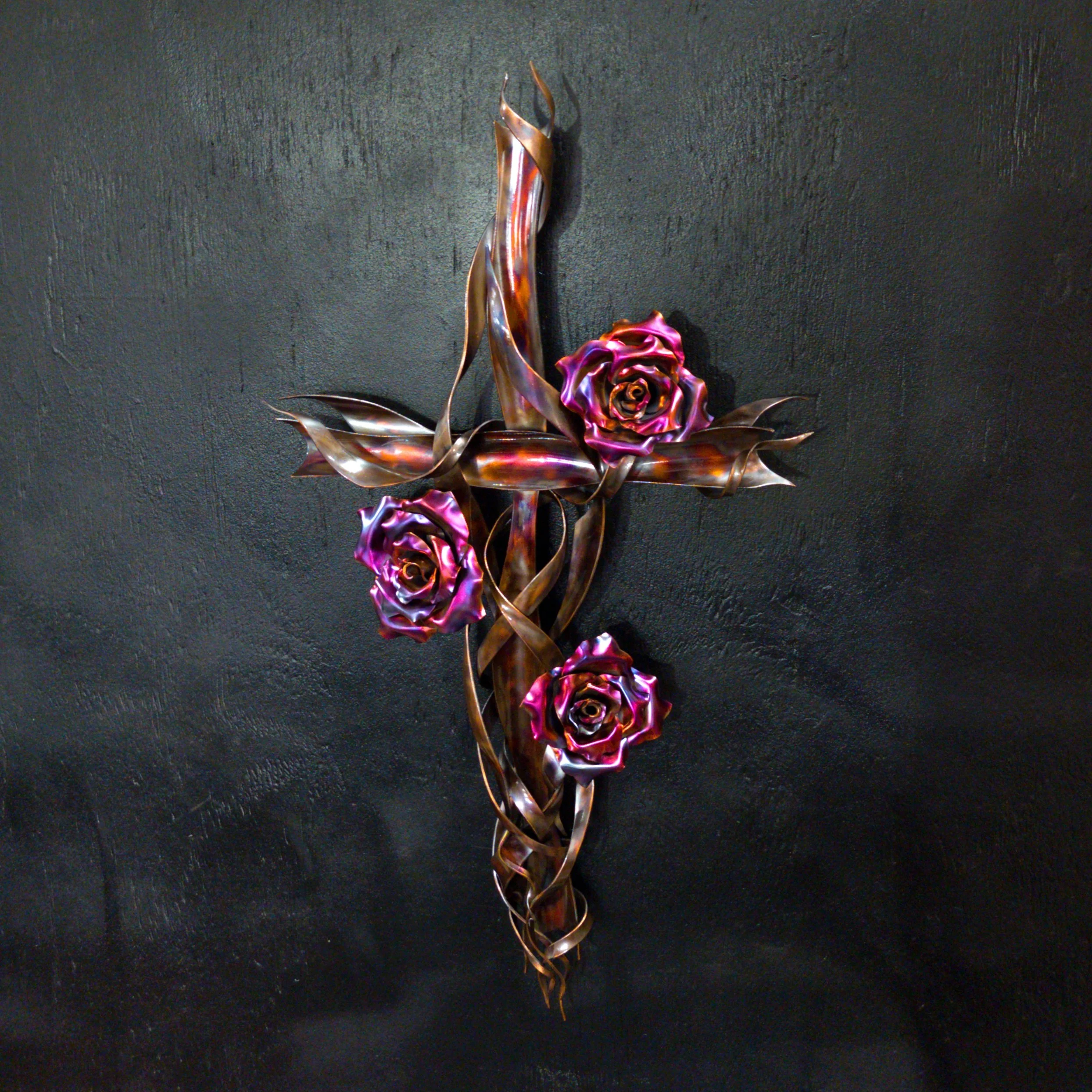 Custom Copper Cross with 3 Copper Rose Blossoms in a Custom Purple Tone Blue Flame Finish