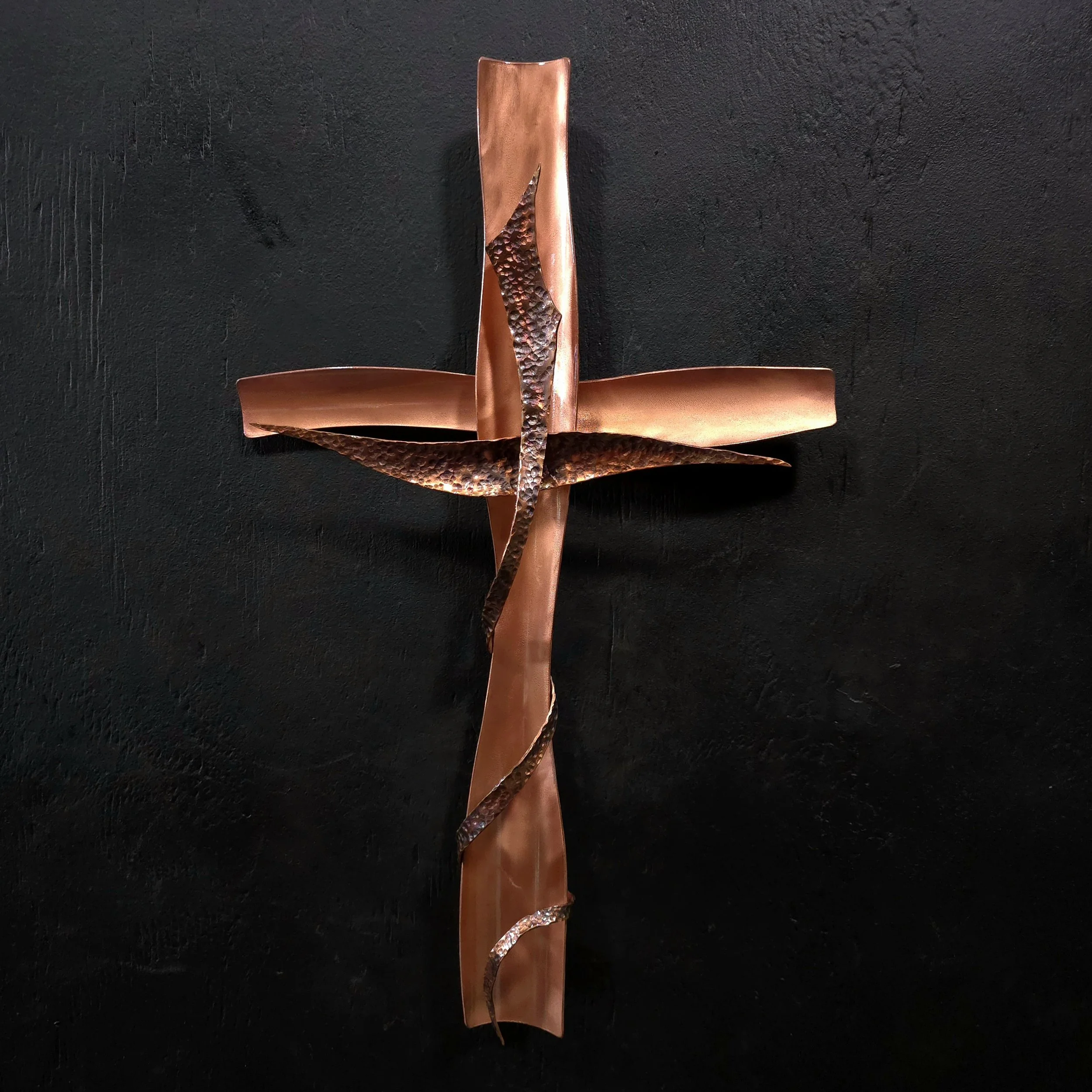 Hand-Hammered Copper Wall Cross Sculpture in the Finishes Bright Copper and Antique Brown