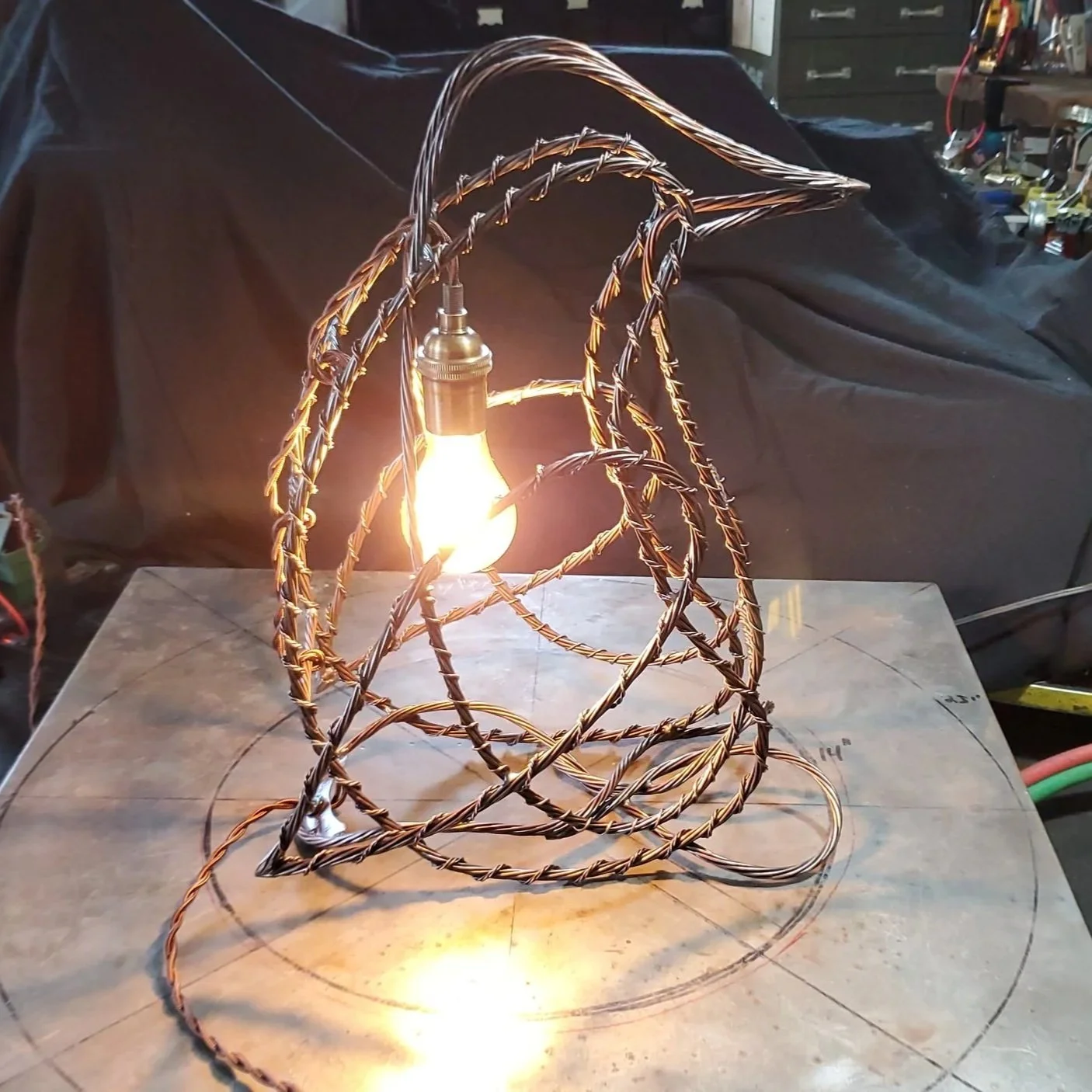 Custom Copper Wire Penguin Lamp for Nursery with Bare Hanging Light Bulb