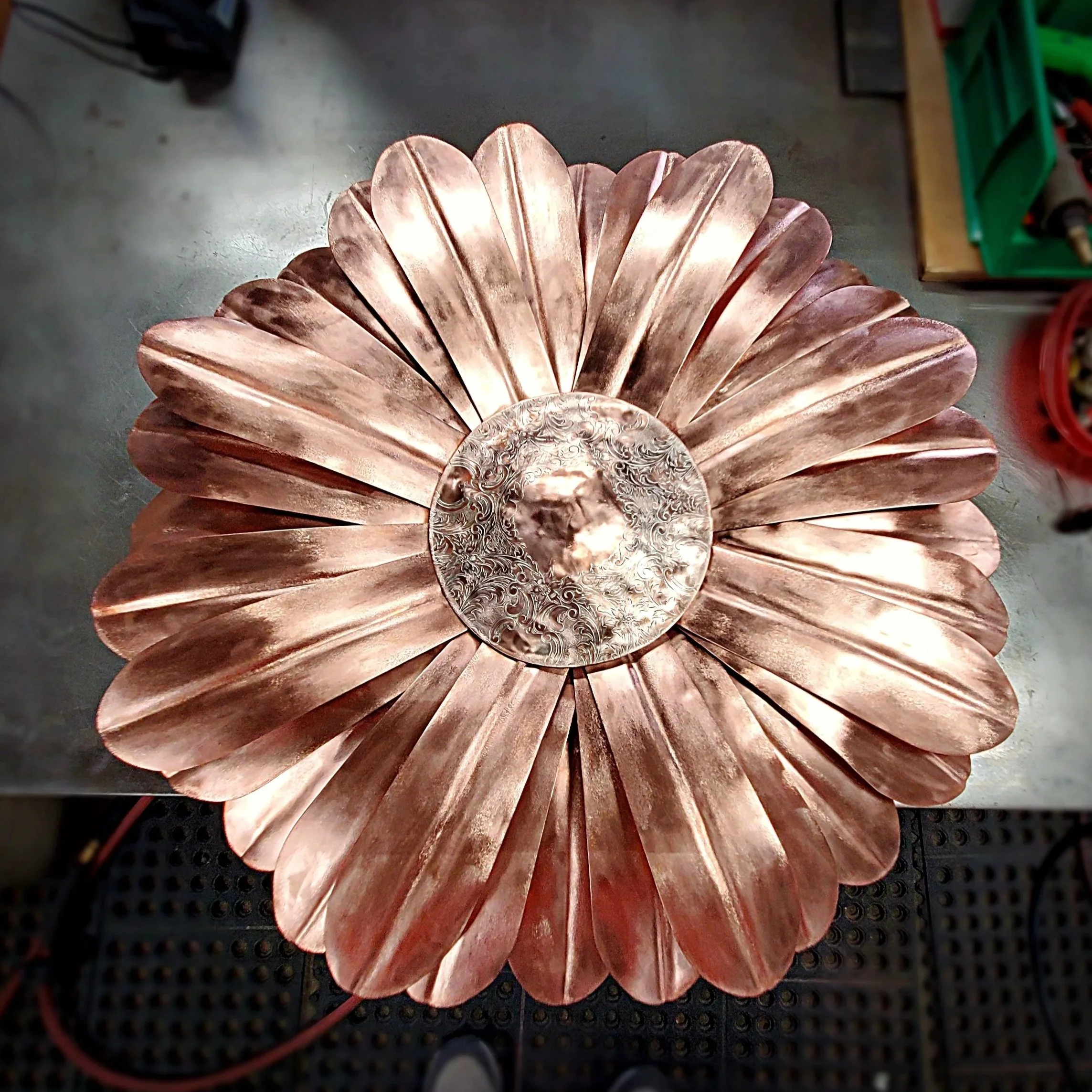 Custom Copper Daisy with a Silver-Plated Center for Outdoor Garden Display with a High Gloss Lacquer Protective Finish