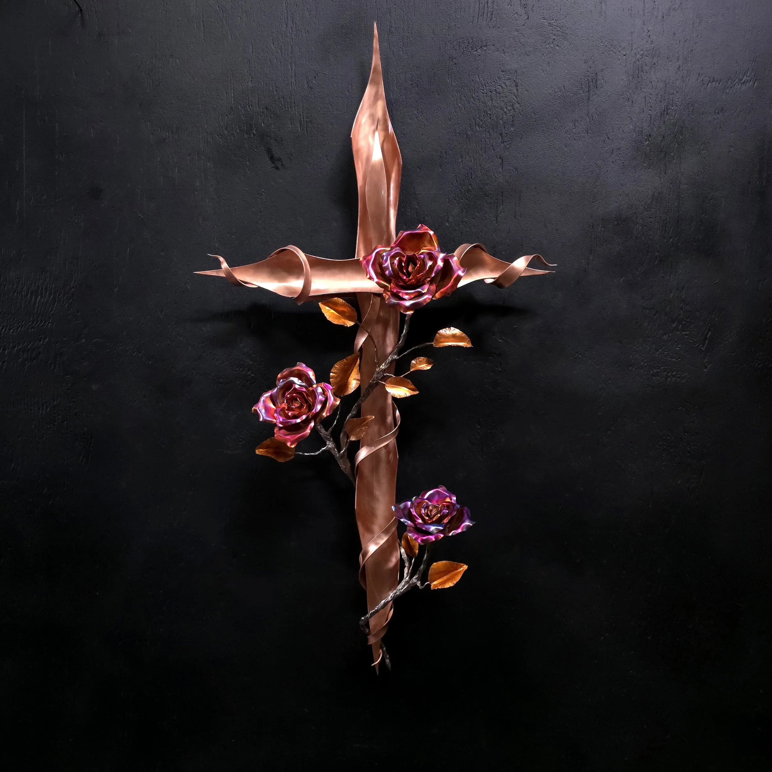 Large Custom Copper Cross with Copper roses with silver vine work 