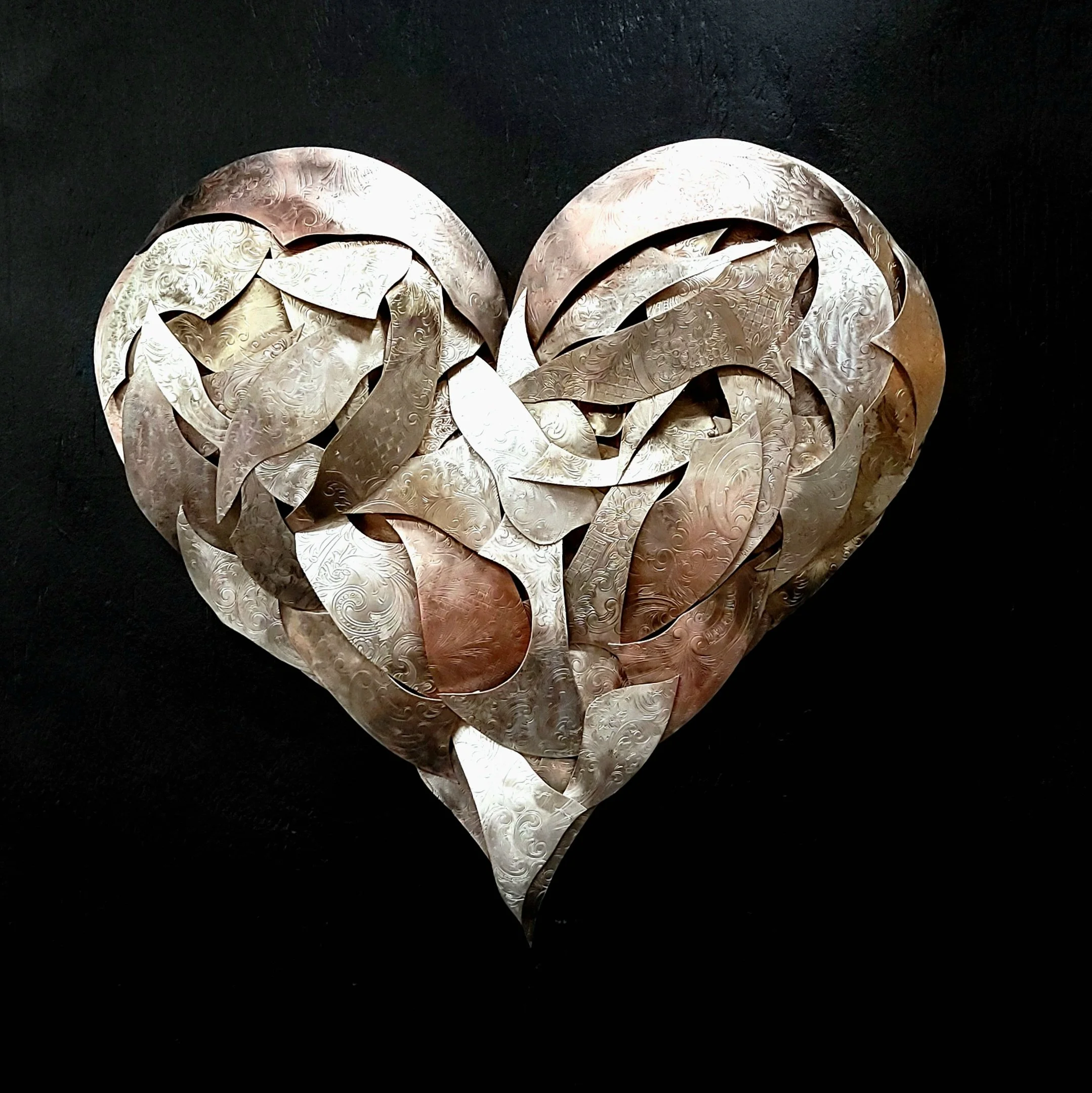 Silver-Plated Patchwork Heart Wall Art Sculpture in Copper and Brass Silver-plate with embossed scrollwork.