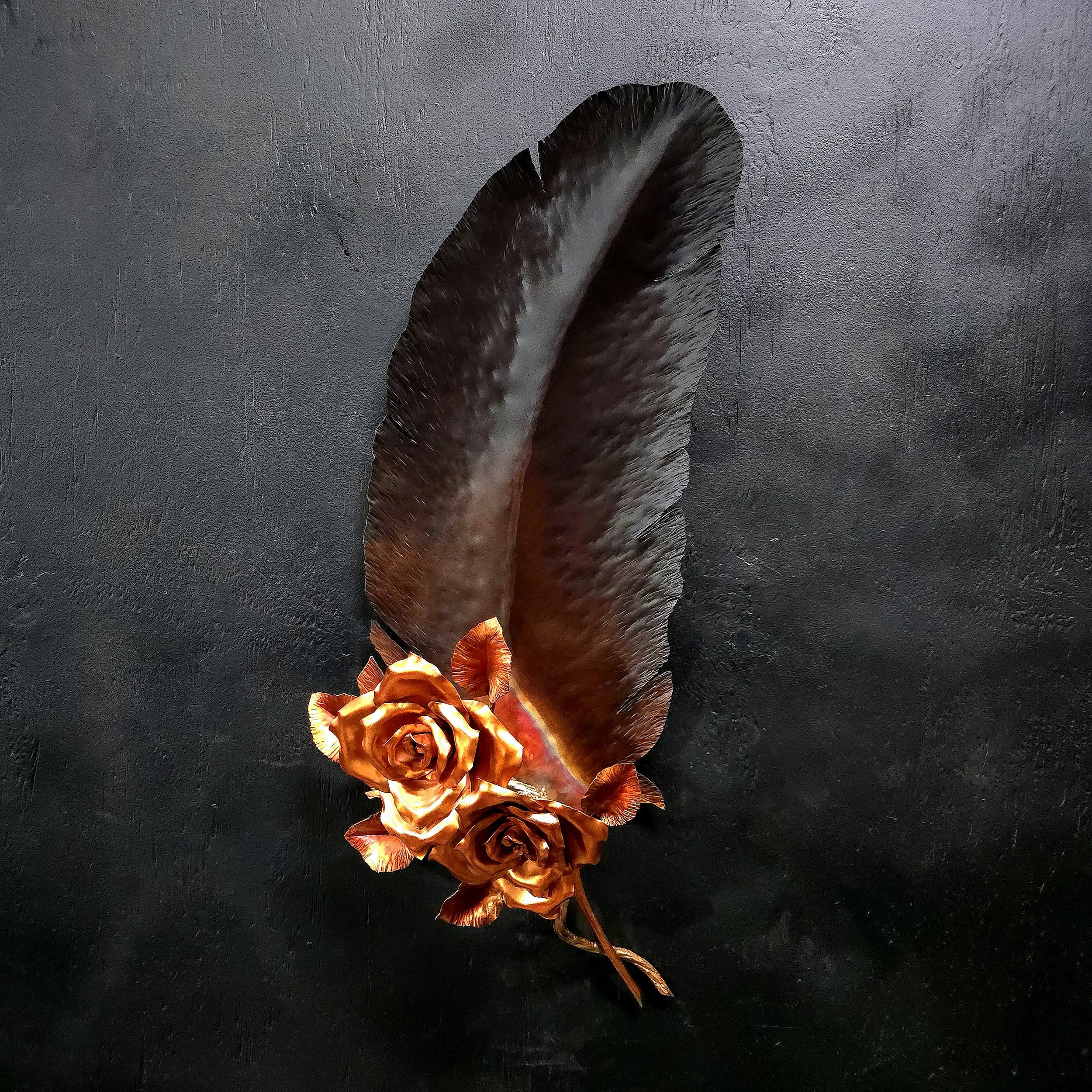 Custom Commissioned Native American Eagle Feather Memorial with Copper Roses in Bright Copper and Antique Finish, Made for Wall or Outdoor Ground Display