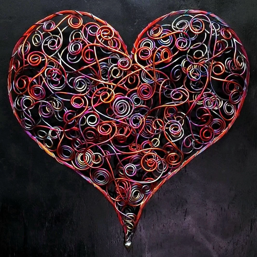 Custom Large Coil 'Crazy in Love' Copper Coil Heart Wall Art Sculpture in Flame Finish