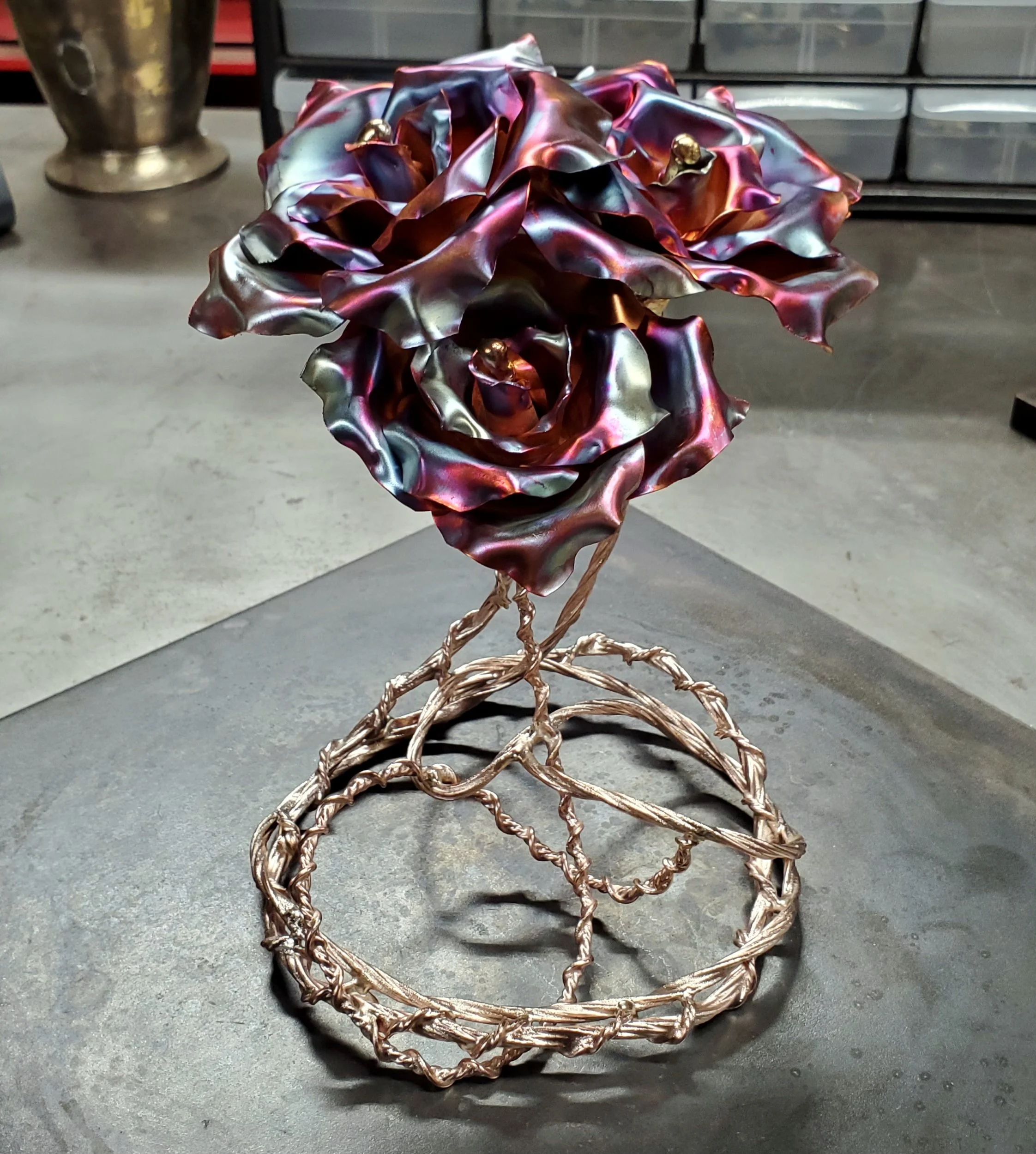 Custom 3 Blossom Rose Bouquet Centerpiece with Silver Wire Base in Blue Flame Finish