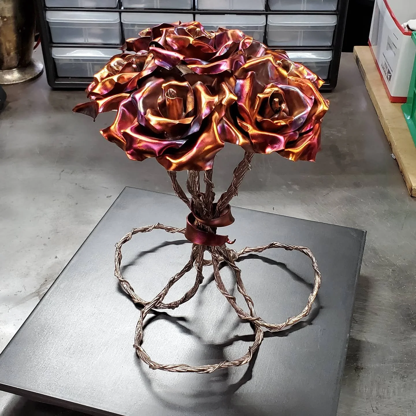 Custom Copper Rose Bouquet Centerpiece with 7 Blossoms, Flame Painted in Red and Orange Colors