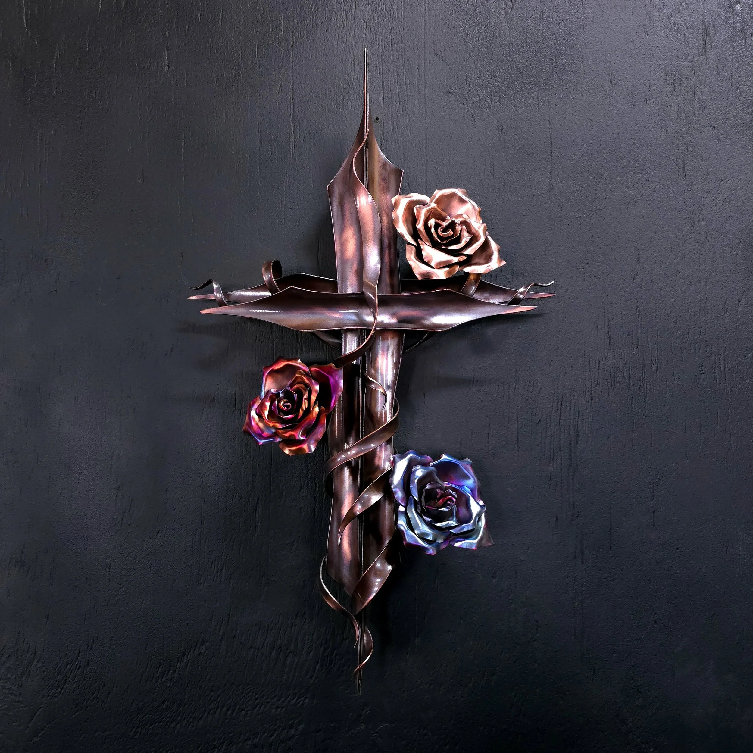 Handcrafted 'Serenity' Cross in Antique Finish with 3 Copper Roses in a Custom Finish with Flame, Blue Flame and Bright Copper Blossoms