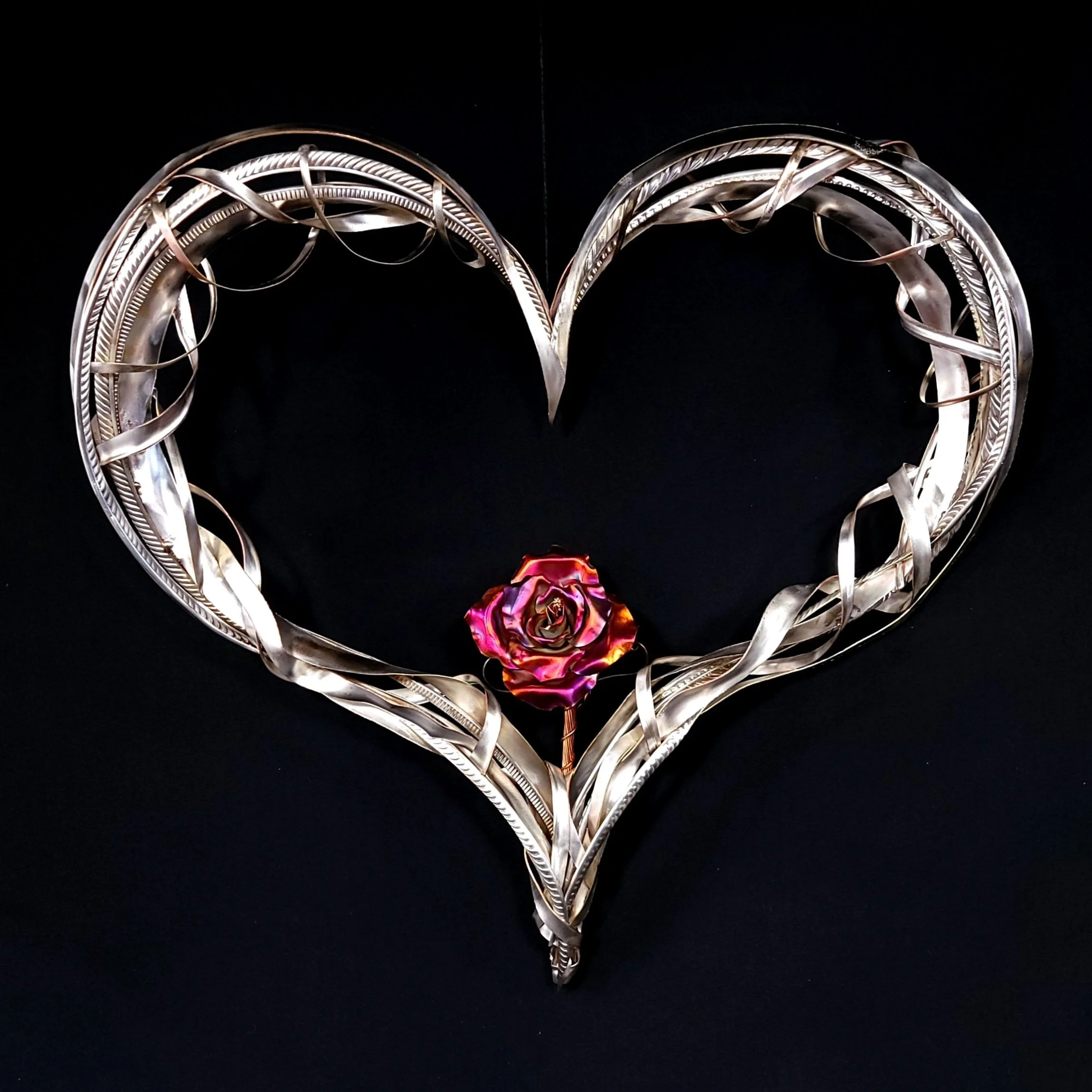 Silver-Plated 'Passion of Love' Wall Art Sculpture with Single Copper Rose in Flame Finish