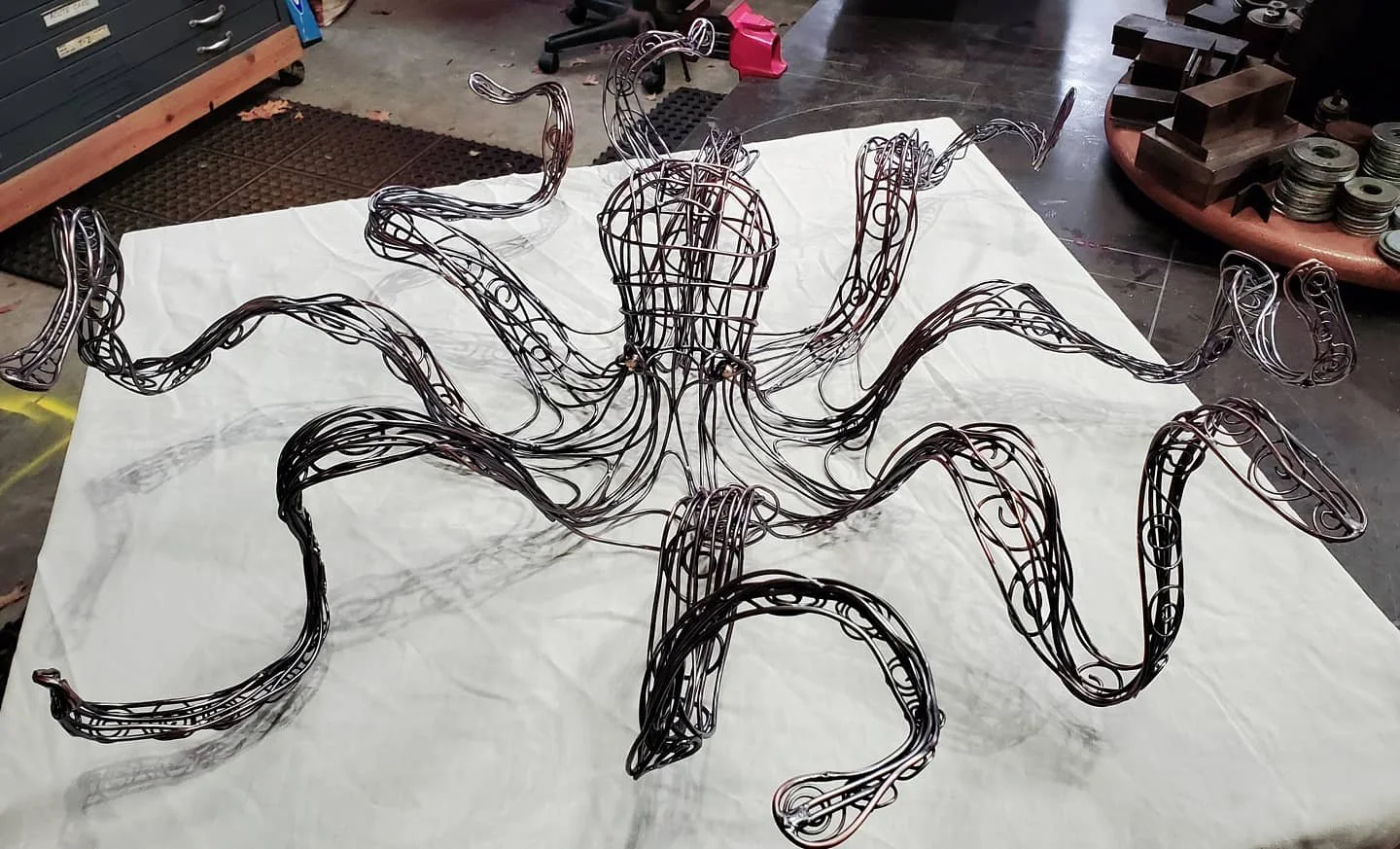Custom Copper Wire Hand Sculpted 48 inch Octopus in Antique Finish. Able to be Positioned for Wall or Tabletop Display.