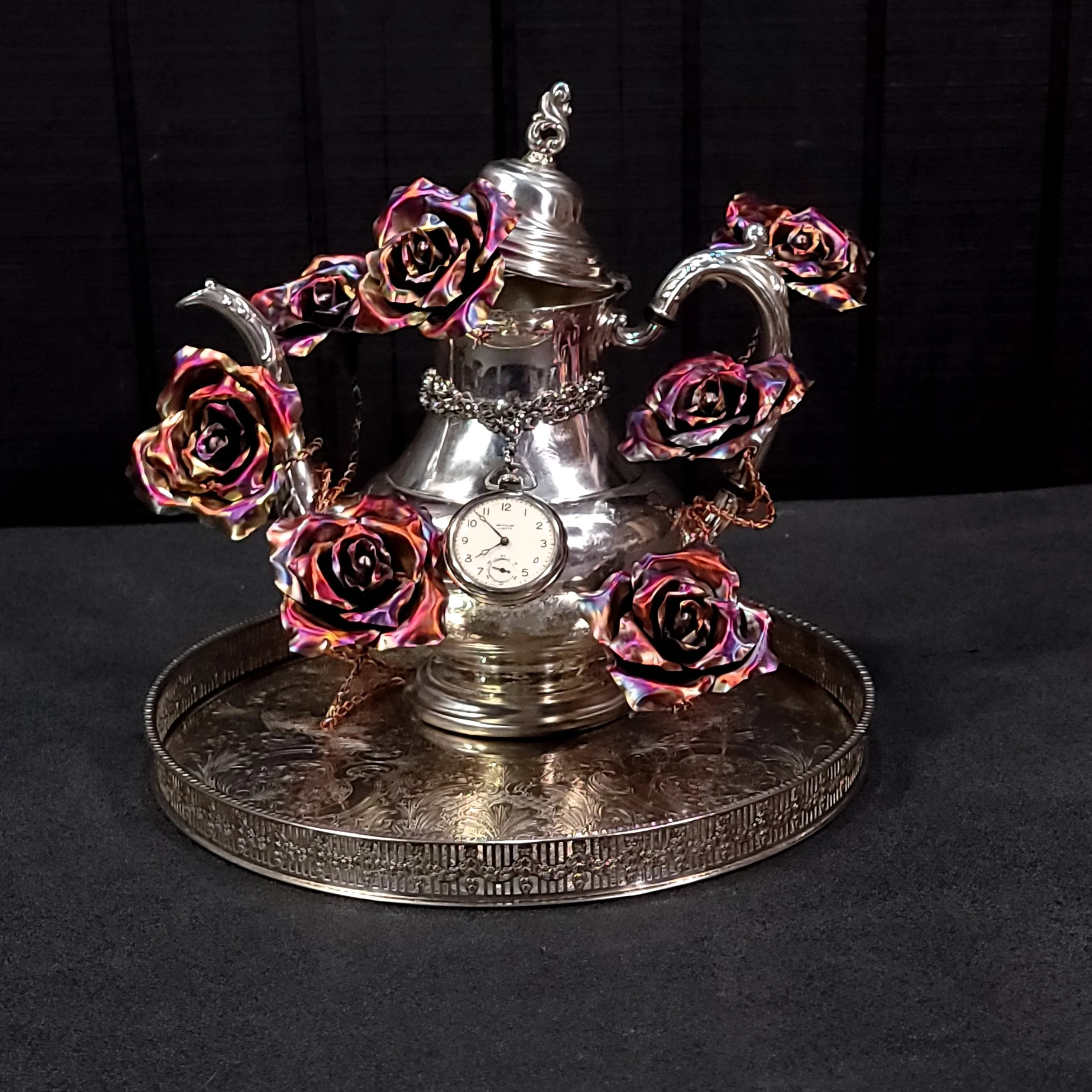 Custom Alice in Wonderland Inspired Anniversary Bouquet Centerpiece with Silver-plated Tray and Teapot, Pocket Watch, and Secret Interior Mouse Figurine with 7 Roses in Dark Flame Finish