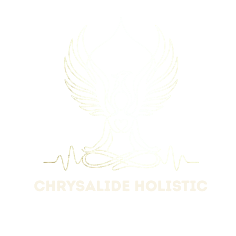 A white line drawing of a meditative figure with wings, sitting cross-legged with a heart shape on the chest, and a heartbeat line extending from both sides. Text below reads "Chrysalide Holistic" and "Bioresonance Wellness Retreats" on a black background.