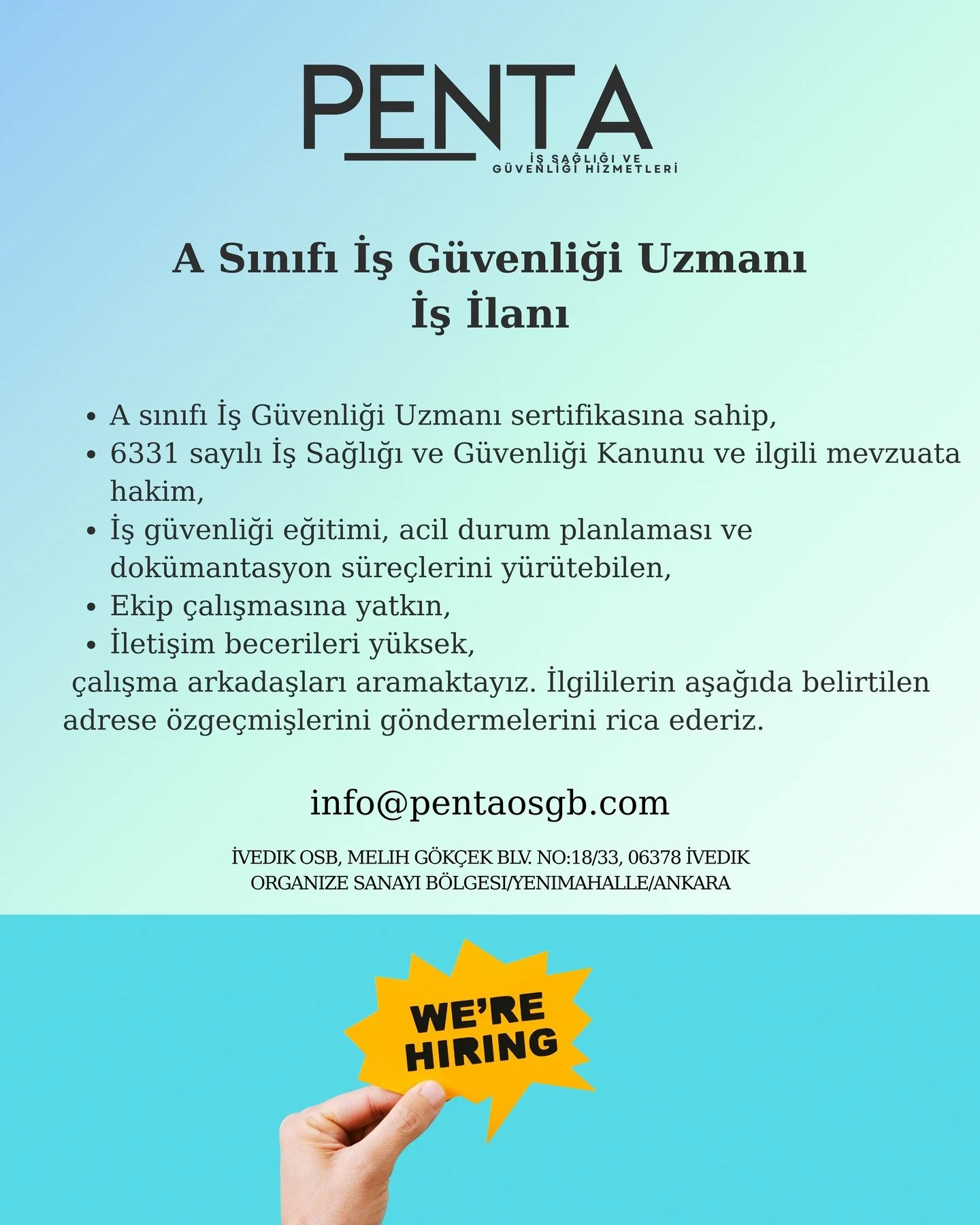 Ankara ilinde faaliyet g&ouml;steren ortak sağlık ve g&uuml;venlik birimi işyerimiz i&ccedil;in tam/kısmi zamanlı İş G&uuml;venliği Uzmanı &ccedil;alışma arkadaşları arayışımız bulunmaktadır.

#isg #işg&uuml;venliği