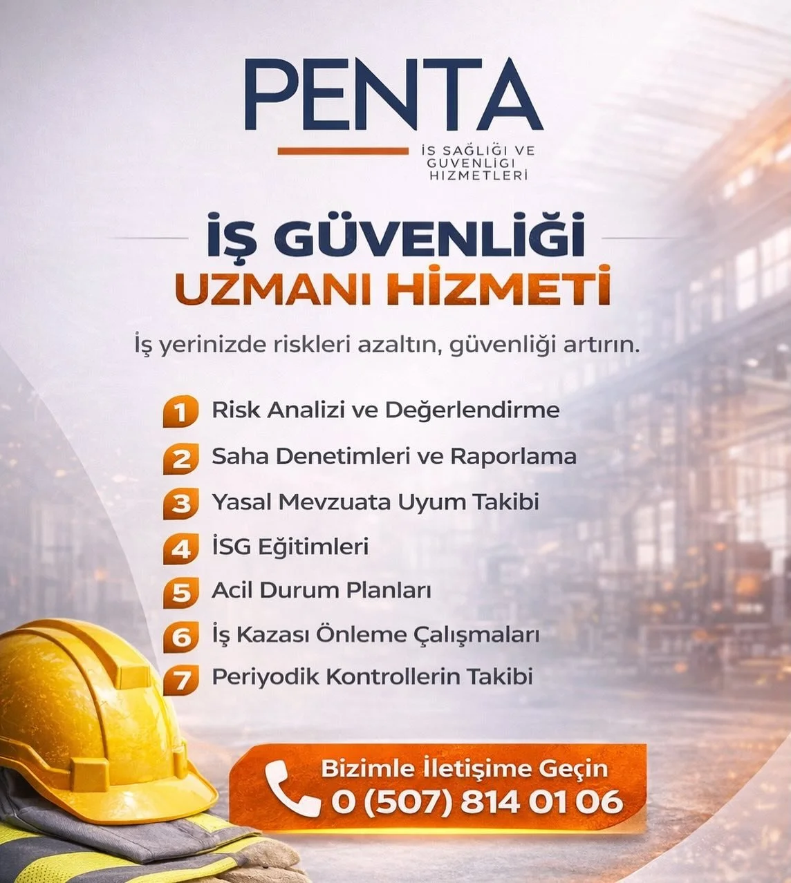 İş kazalarını &ouml;nlemek ve yasal y&uuml;k&uuml;ml&uuml;l&uuml;klerinizi eksiksiz yerine getirmek i&ccedil;in profesyonel destek şart.

👷&zwj;♂️ İş g&uuml;venliği uzmanı hizmetimiz ile:
&bull; Riskleri &ouml;nceden tespit ederiz
&bull; İş kazaları