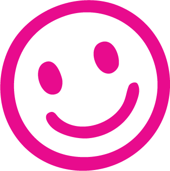 Pink smiley face with a big smile and two oval eyes.