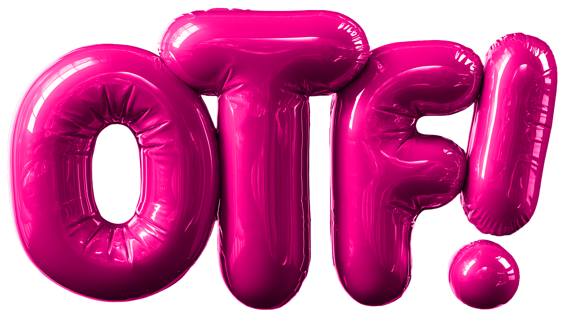 Pink metallic balloon letters spelling 'O T' with a pink ball at the end, set against a black background.