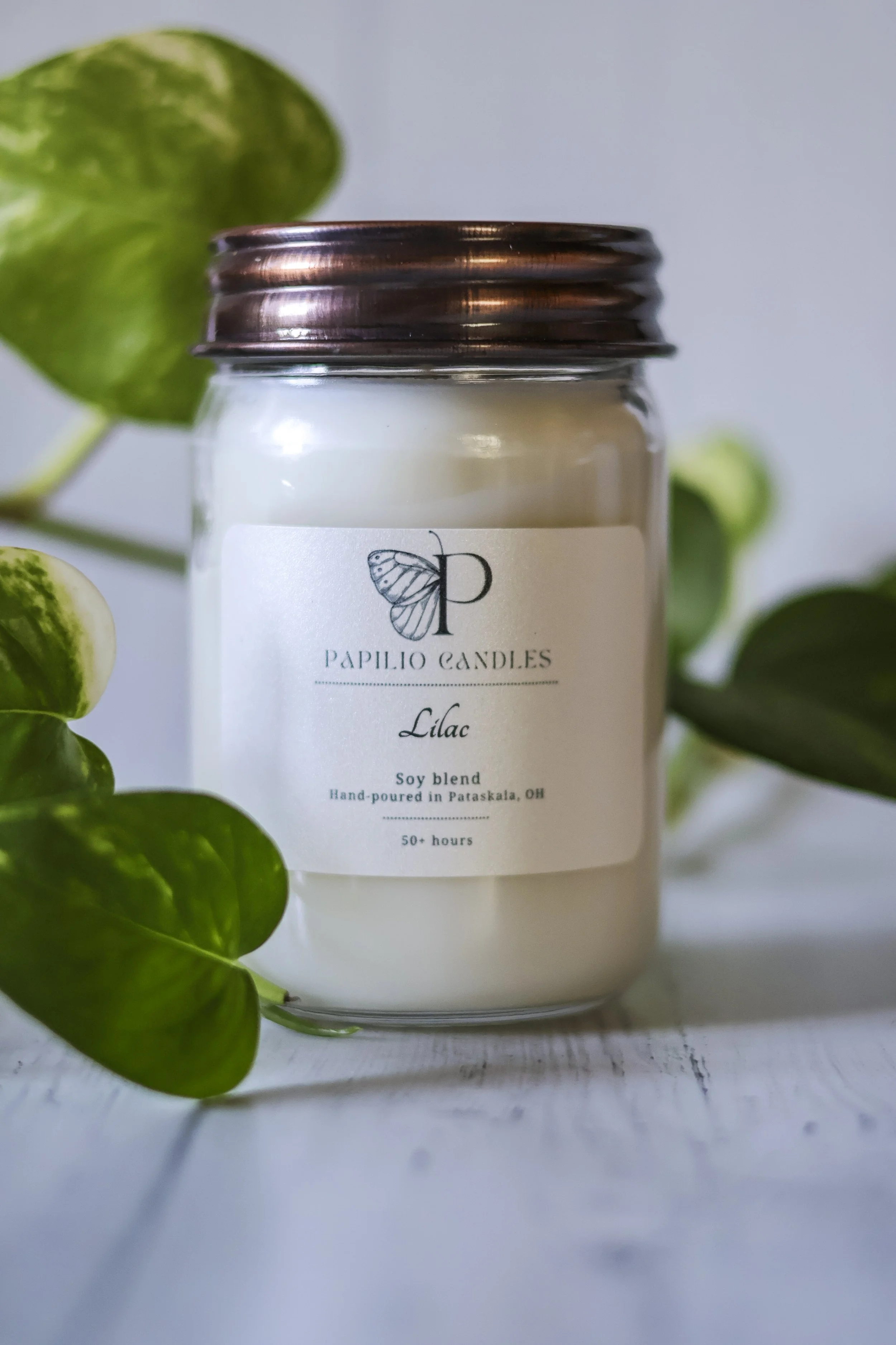 A glass jar candle with a rose gold lid and a label that reads 'Papilio Candles Lilac,' surrounded by green leaves on a white surface.