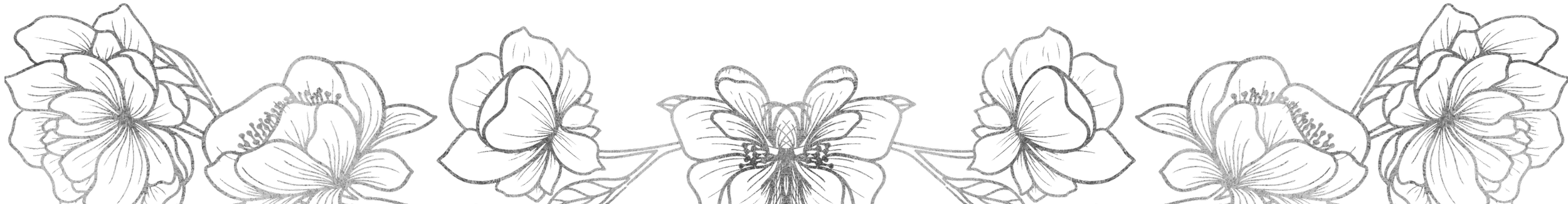 Line drawing of a floral border with large flowers and leaves, spanning horizontally.