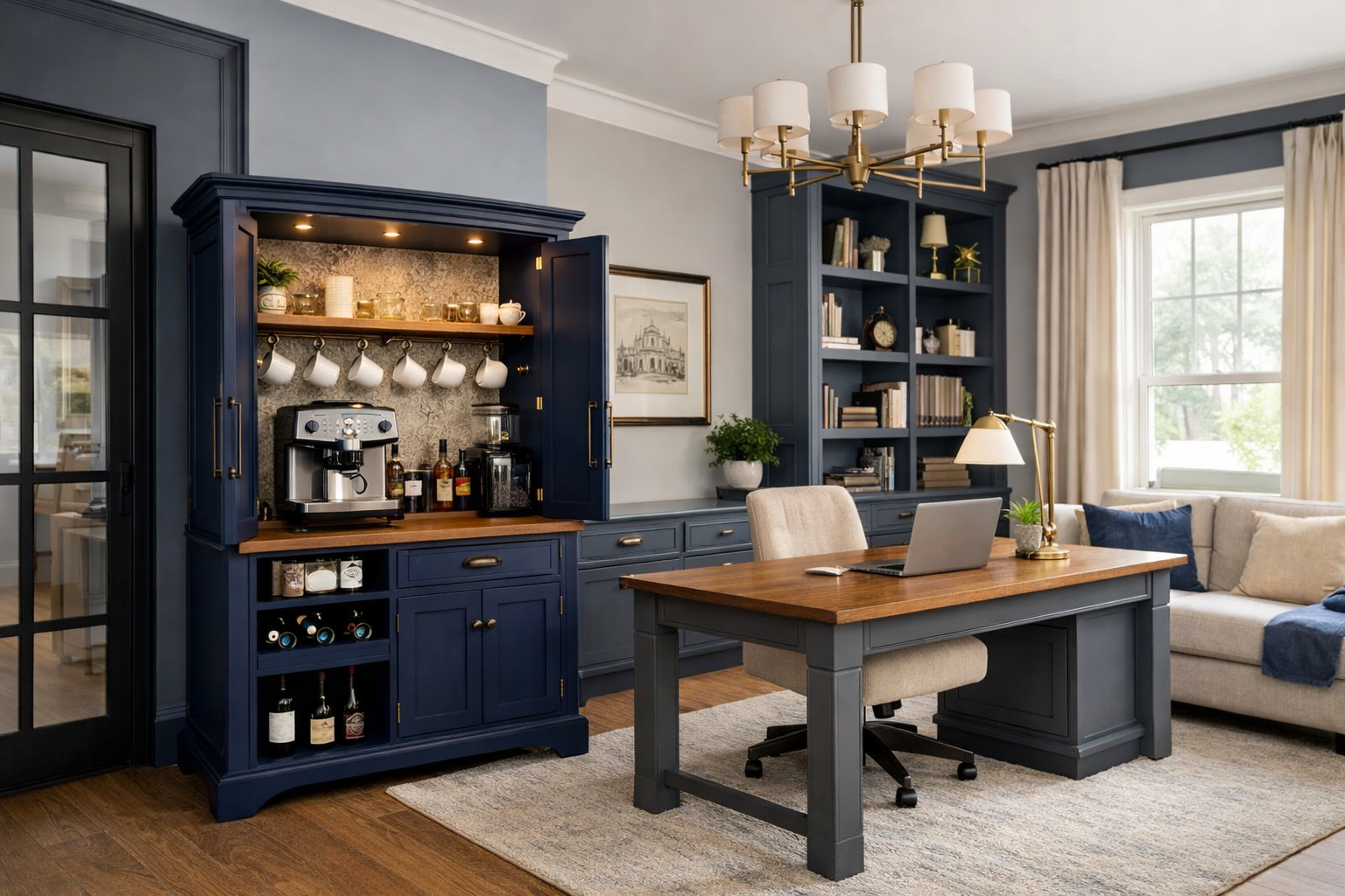 A cozy home office or sitting area with a wooden desk, beige office chair, and a gray sofa with blue pillows near a large window with cream curtains. There is a blue built-in bookshelf and a matching blue cabinet with a coffee machine, mugs, and bottles.