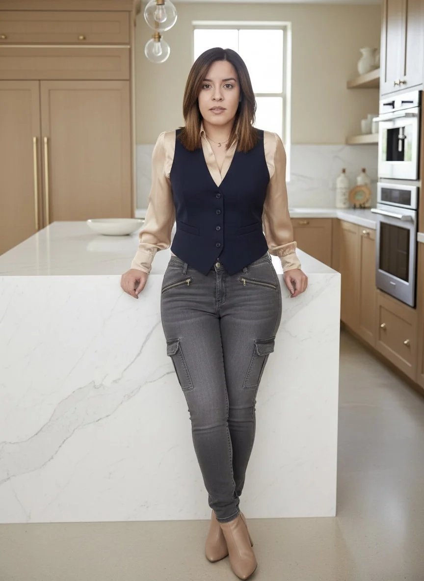 A woman standing in a modern kitchen with light wood cabinets, white marble countertops, and built-in appliances, looking directly at the camera.