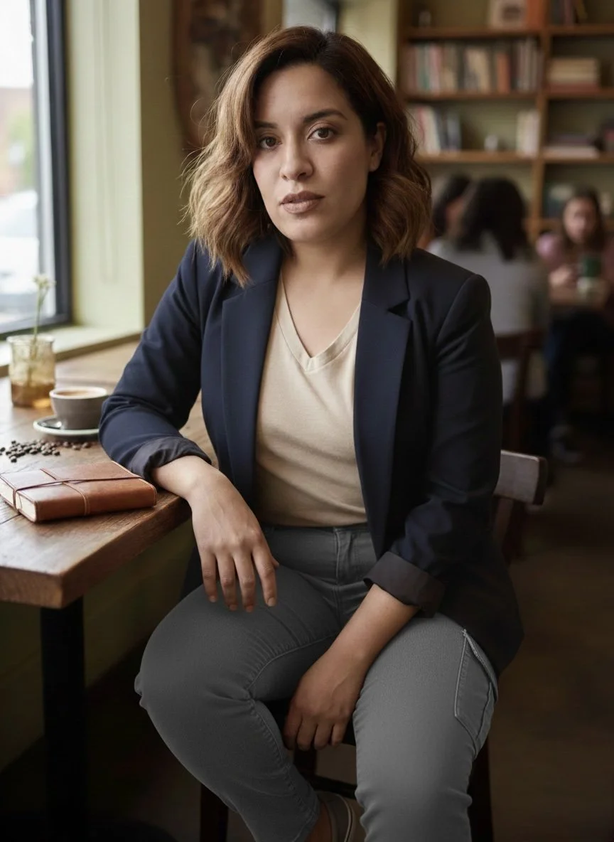 A woman with shoulder-length brown hair sitting in a coffee shop with a serious expression. She is wearing a navy blazer over a beige t-shirt and gray pants. There are bookshelves and other patrons in the background.