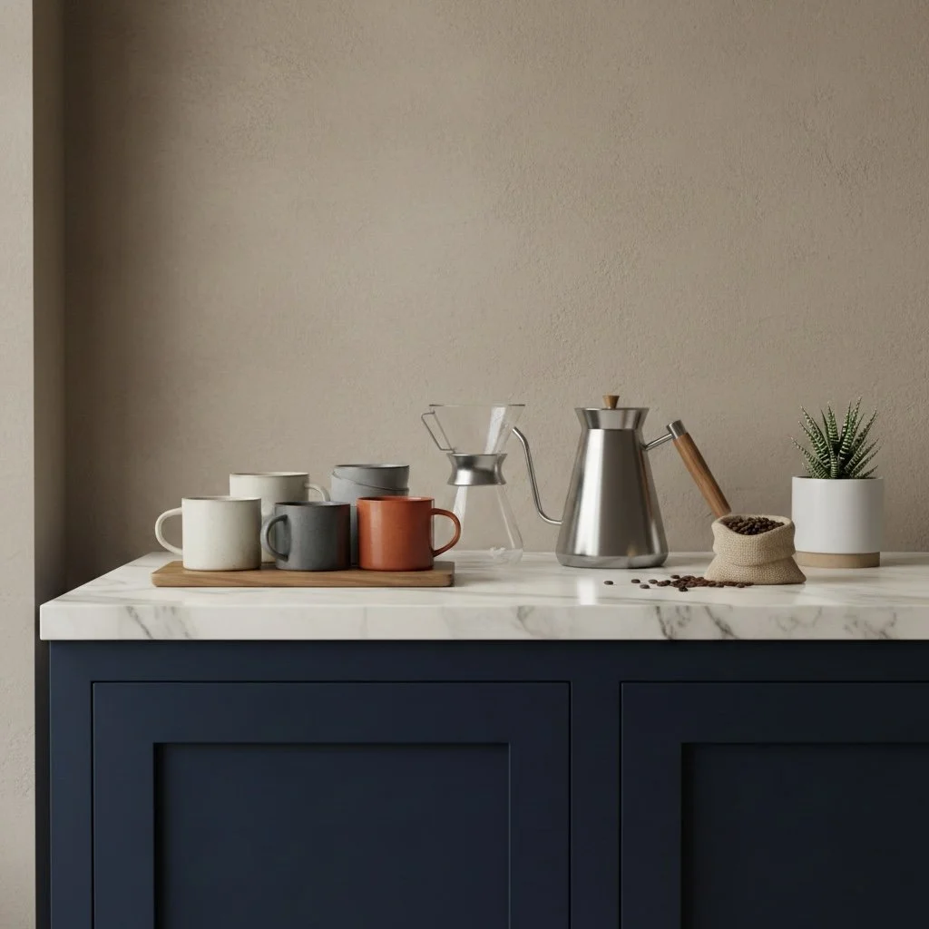 A kitchen counter with coffee mugs, a pour-over coffee maker, a kettle, a small plant, and a bag of coffee beans.