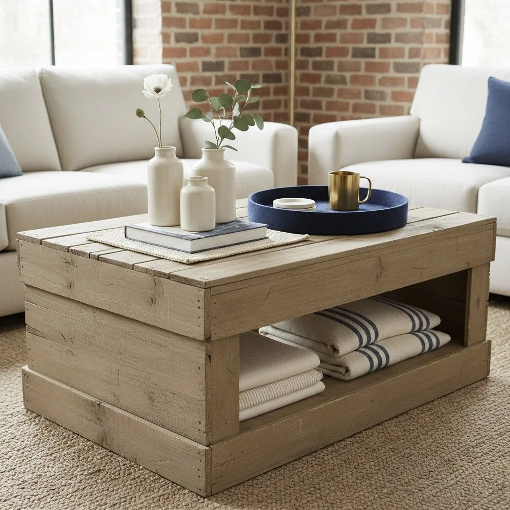 Living room with white sofas, a wooden coffee table, decorative vases, a gold mug, and a brick wall in the background.