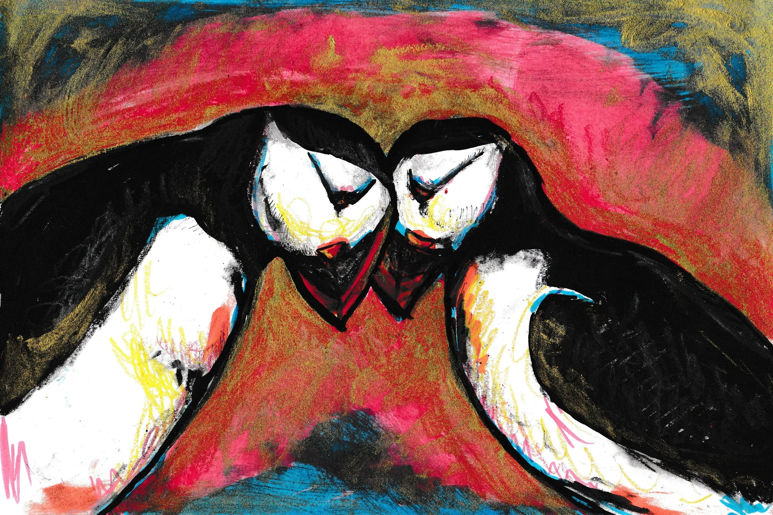 Kissing Puffins (ink, oil pastel and watercolour on paper 2025)