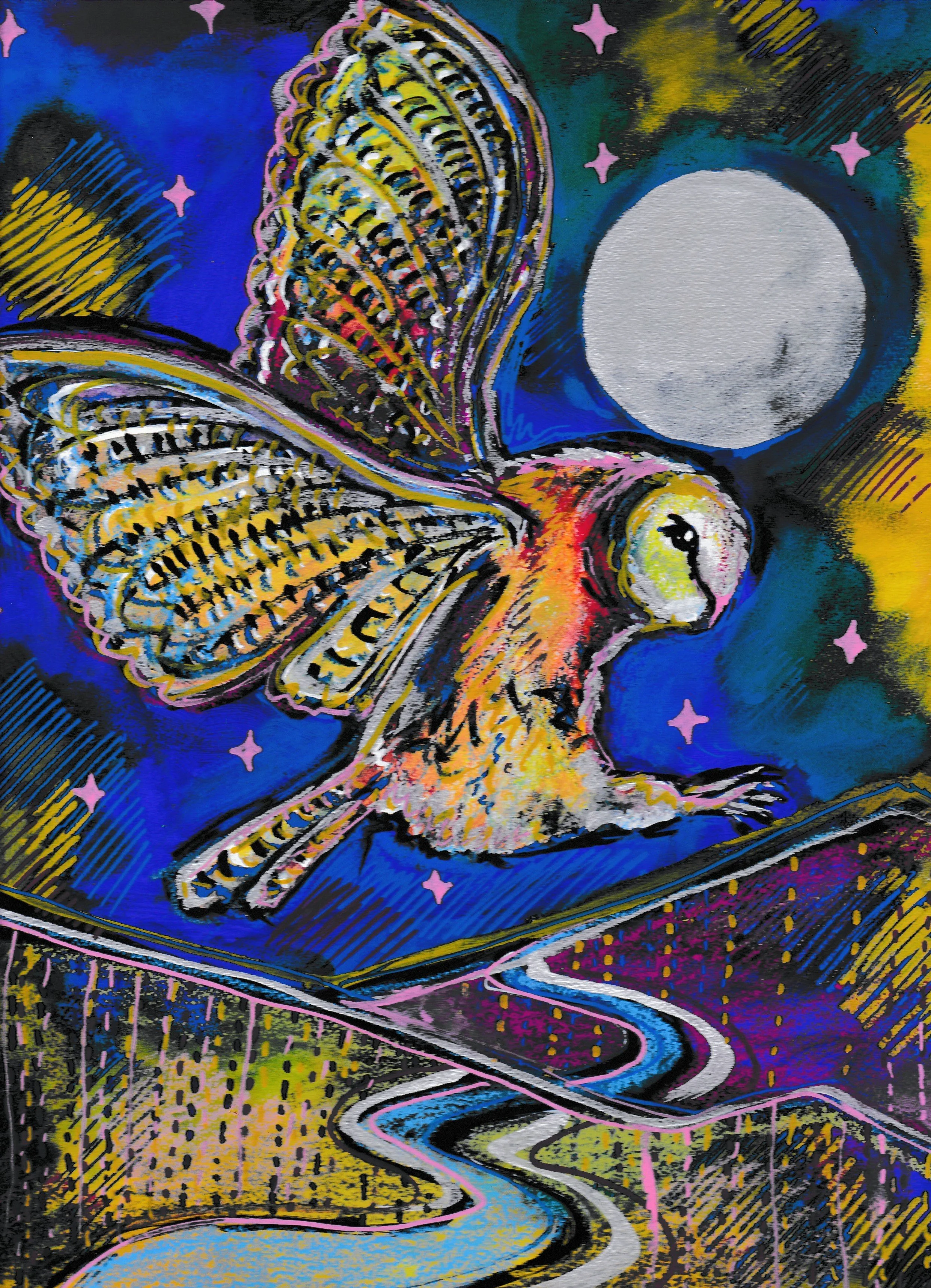 Barn owl in flight (acrylic, oil and ink on board 2026)