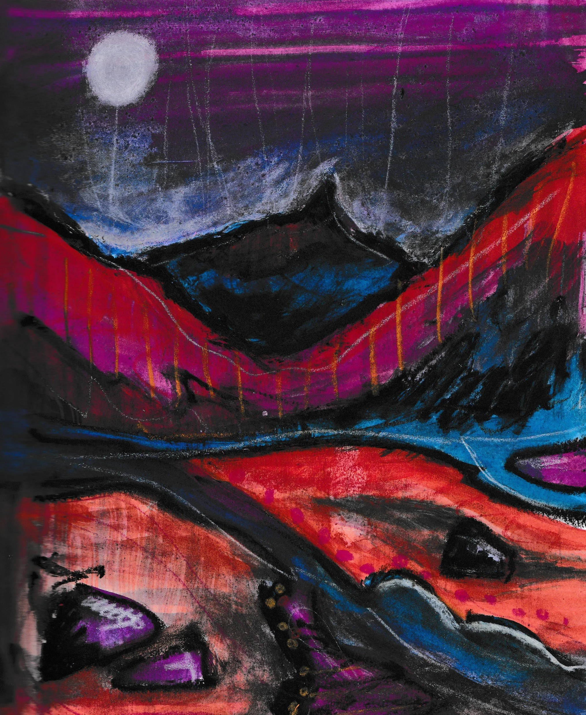 Welsh imagined landscape (ink, pastels and oil pastels on paper, 2026)