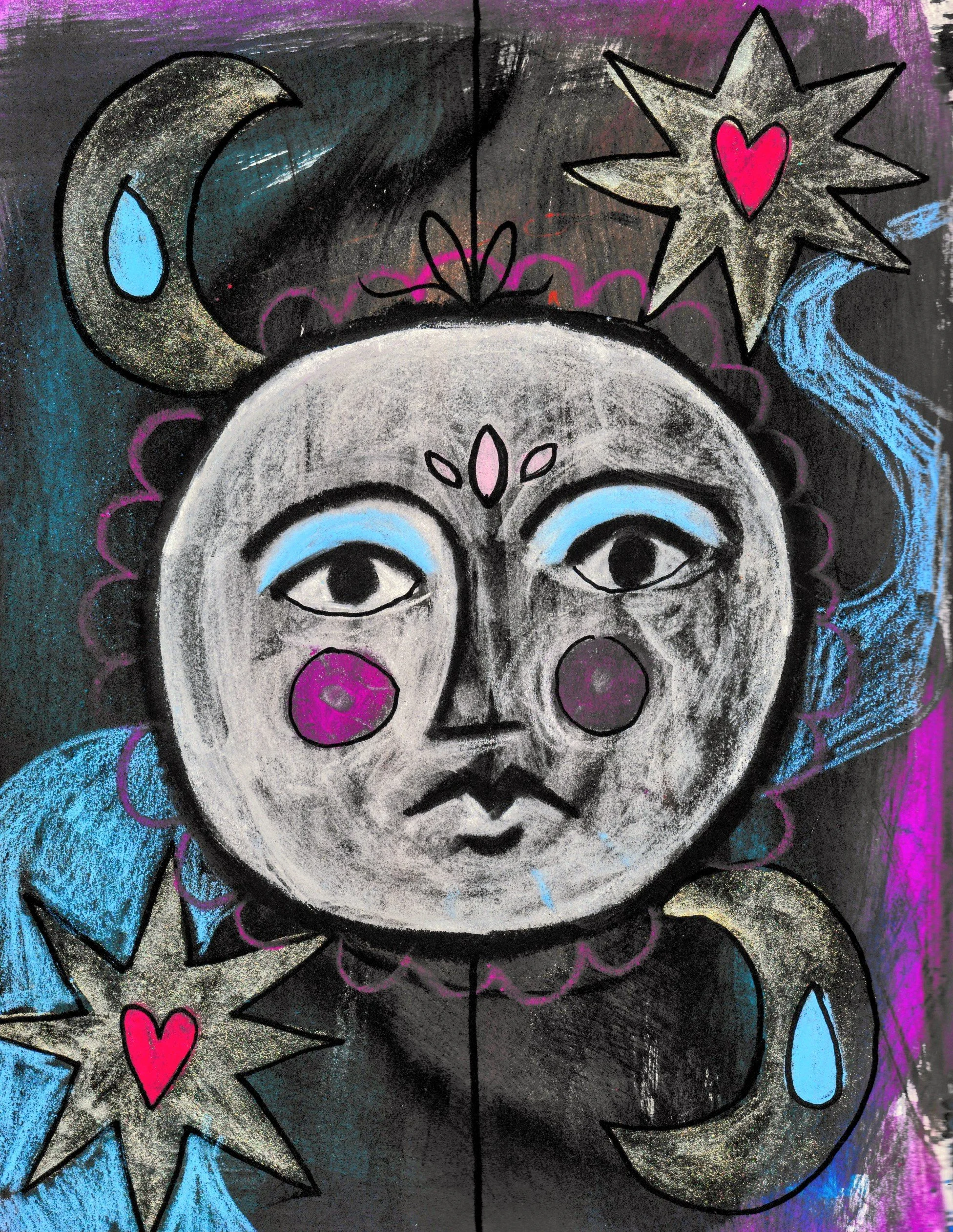 Soulful moon (mixed media on paper, 2025)