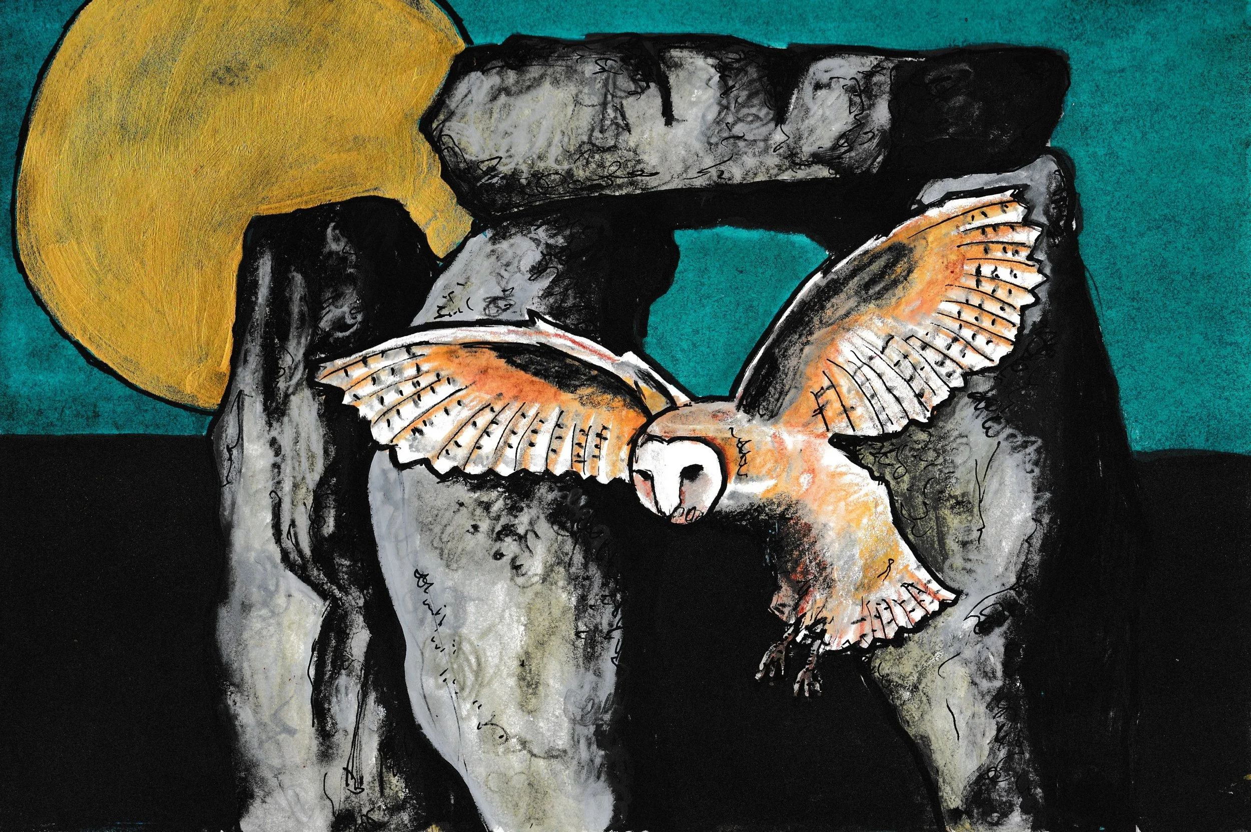 Under a Full Moon (Mixed media on paper 2025)