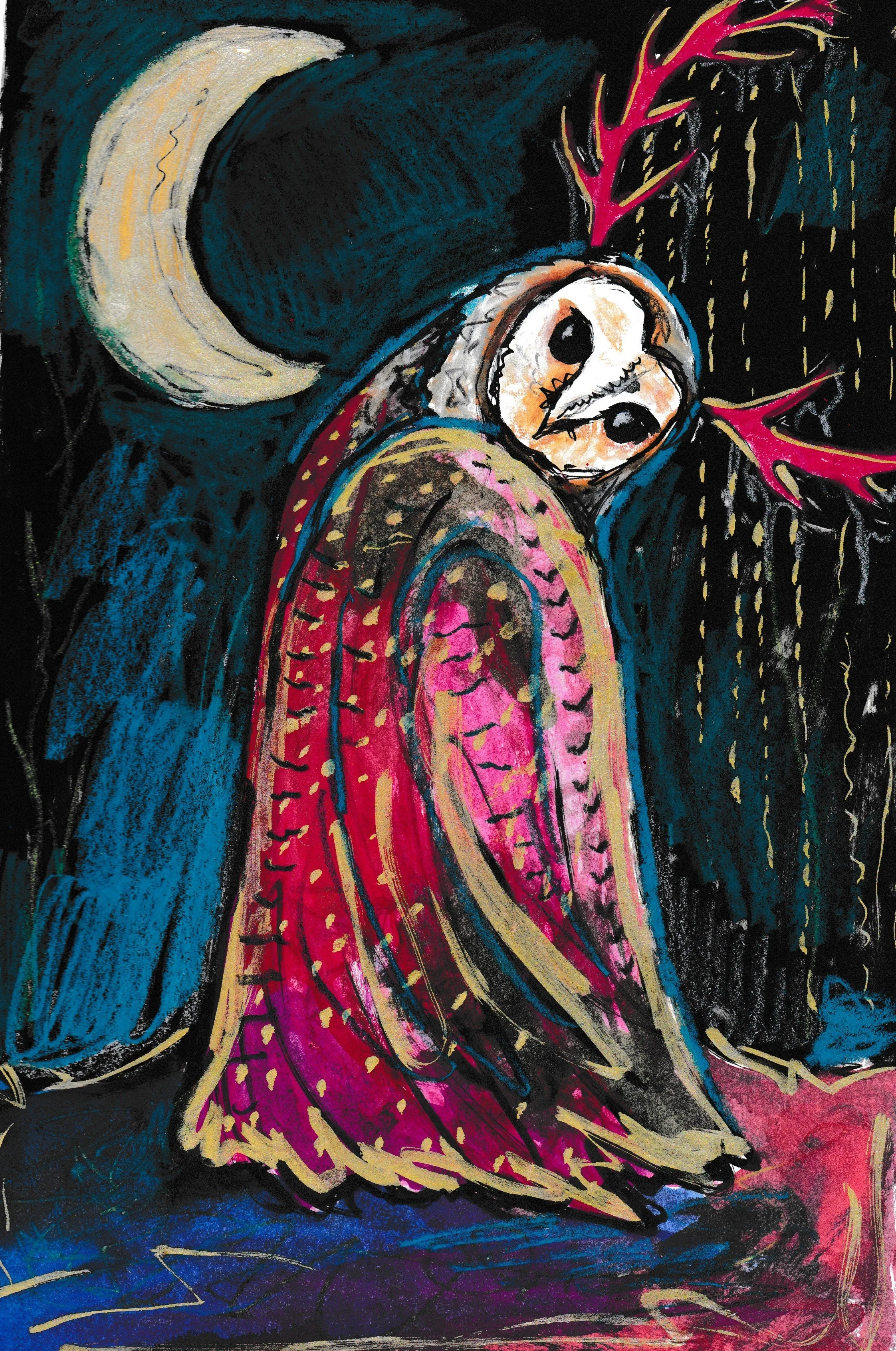 The Mothman of Cornwall (mixed media on paper, 2025)