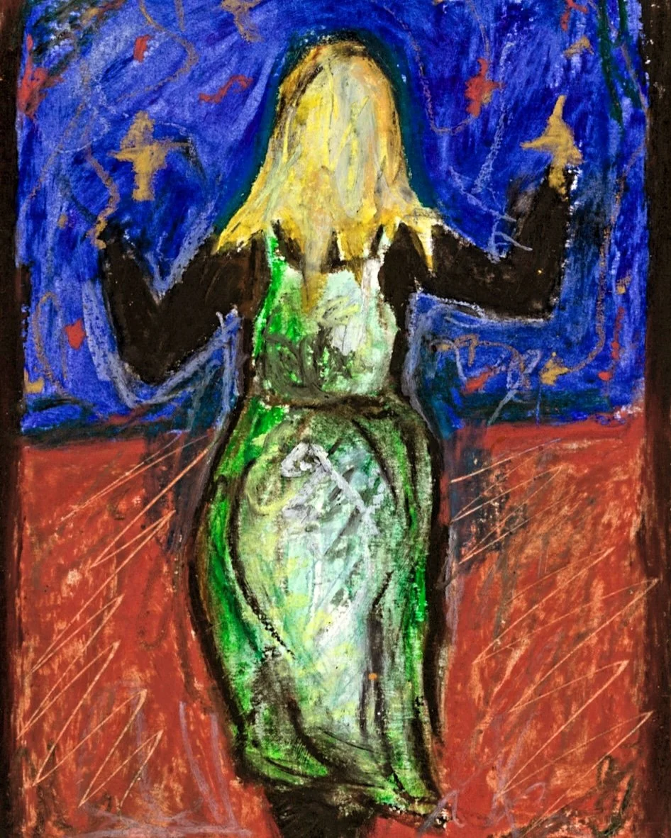 She dances among stars (oil pastel on paper 2023)