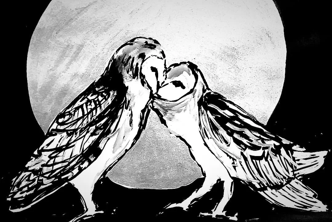 Kissing Owls (ink on paper 2025)