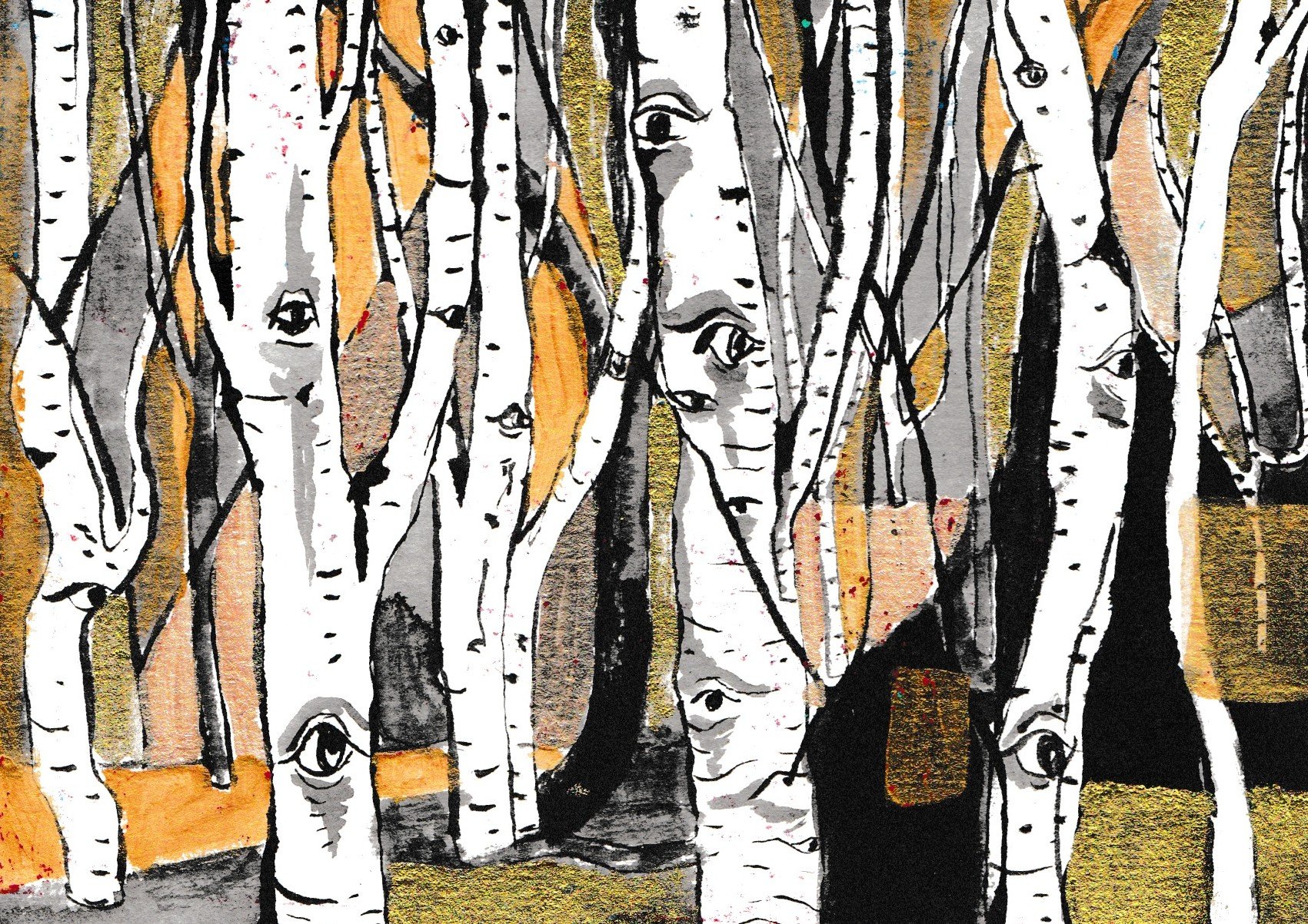 The Watchful Birch Tree Forest (ink on paper 2024)
