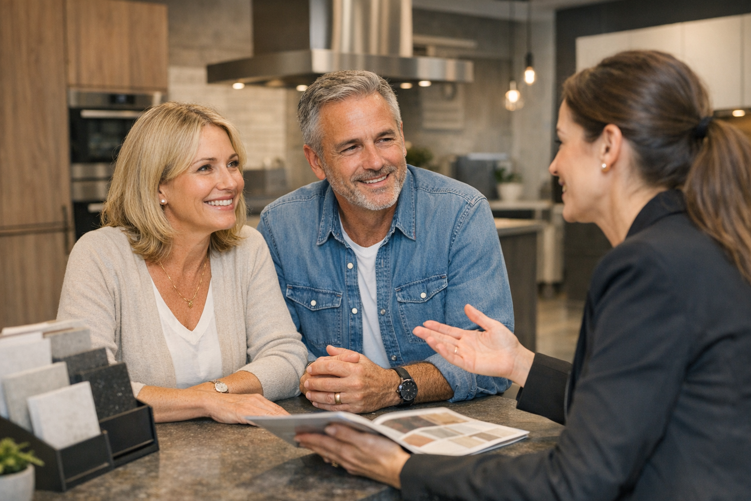 A happy middle-aged couple talking with a woman in a kitchen showroom, discussing home renovation options with samples and color swatches.
