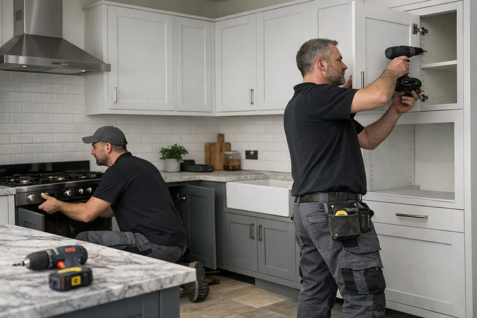 Two men installing kitchen cabinets together. One is fixing a cabinet door with a drill, the other is holding the cabinet in place.