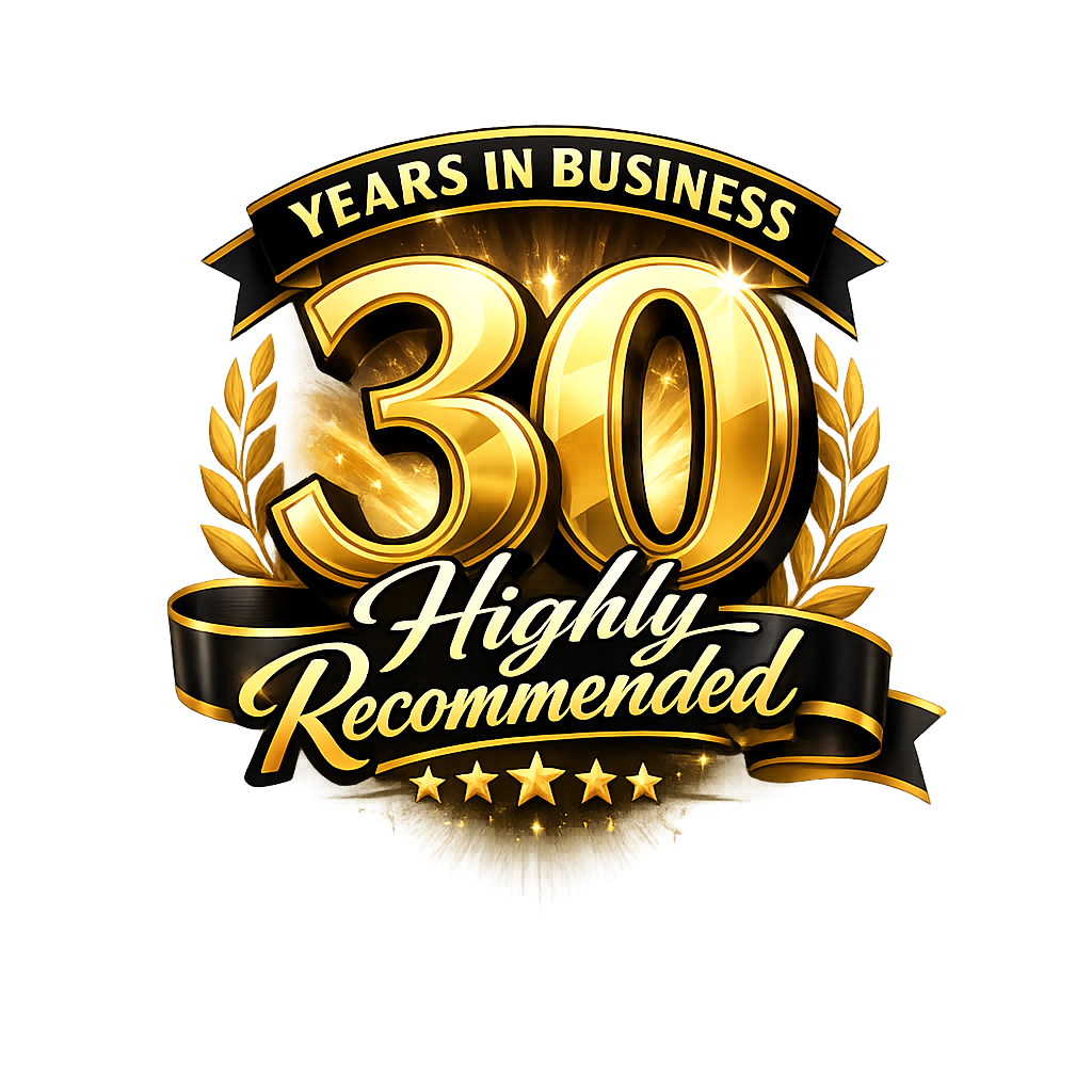 Celebratory badge noting 30 years in business as highly recommended with 5-star rating