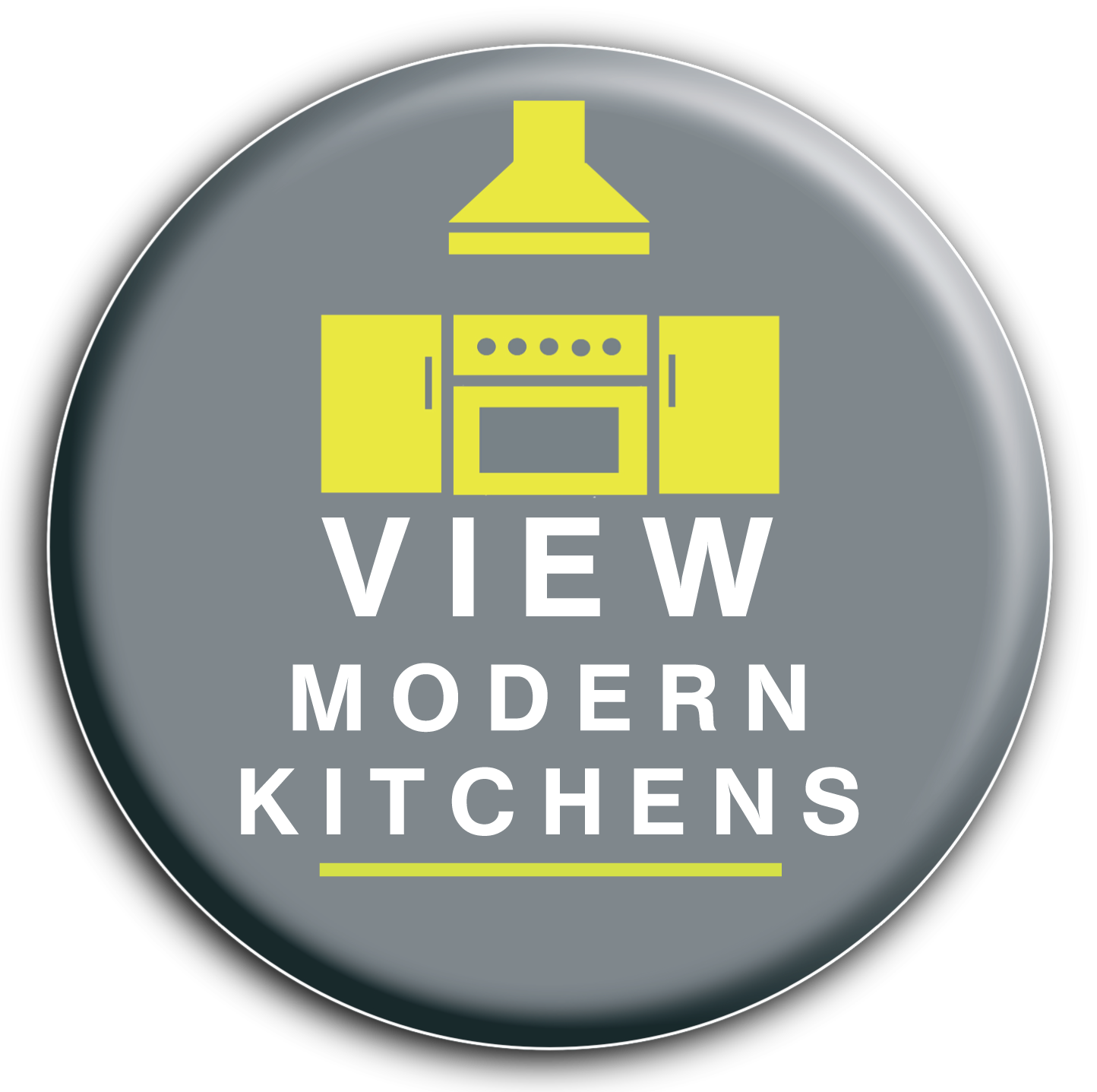 A circular icon with a gray background, a yellow kitchen stove and cabinets illustration at the top, and the words "VIEW MODERN KITCHENS" in white capital letters.