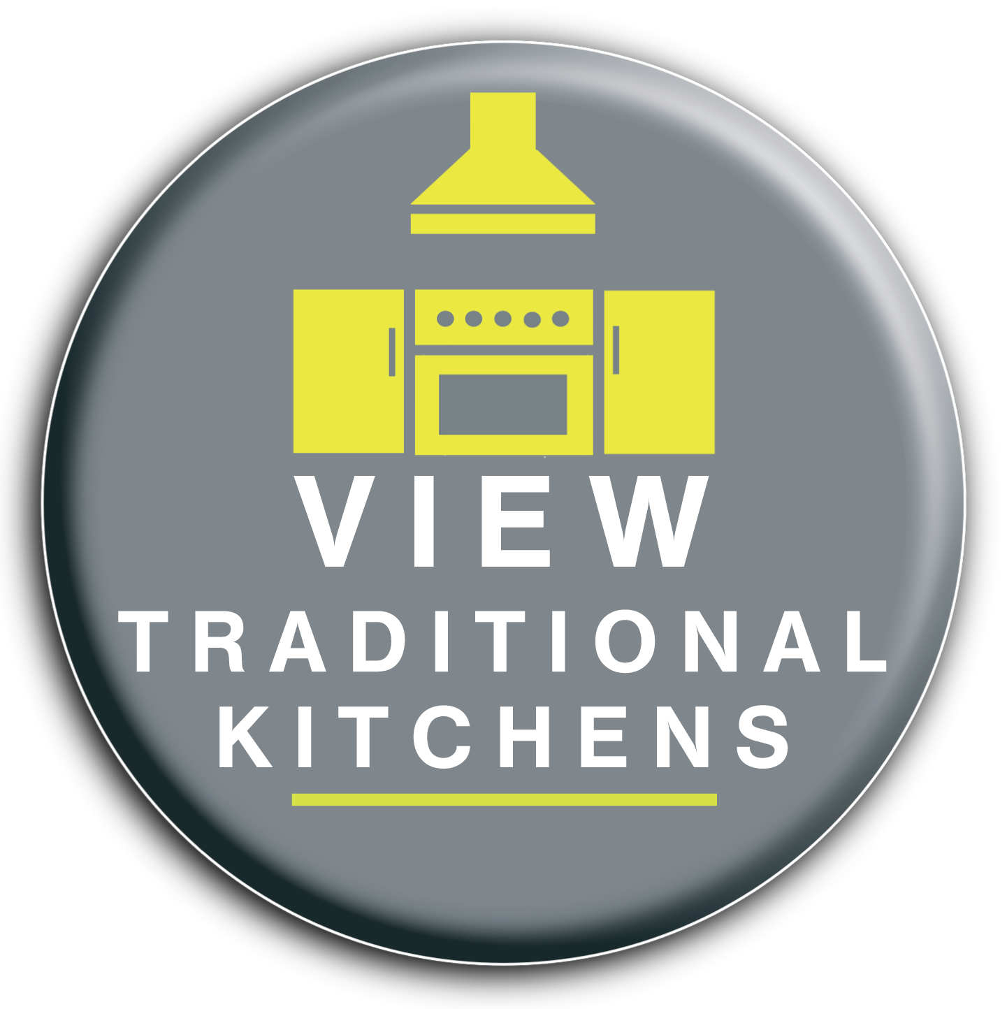 Gray circular badge with a yellow silhouette of a kitchen stove and cabinets at the top. The text "VIEW TRADITIONAL KITCHENS" in white capital letters, with a yellow line underneath.