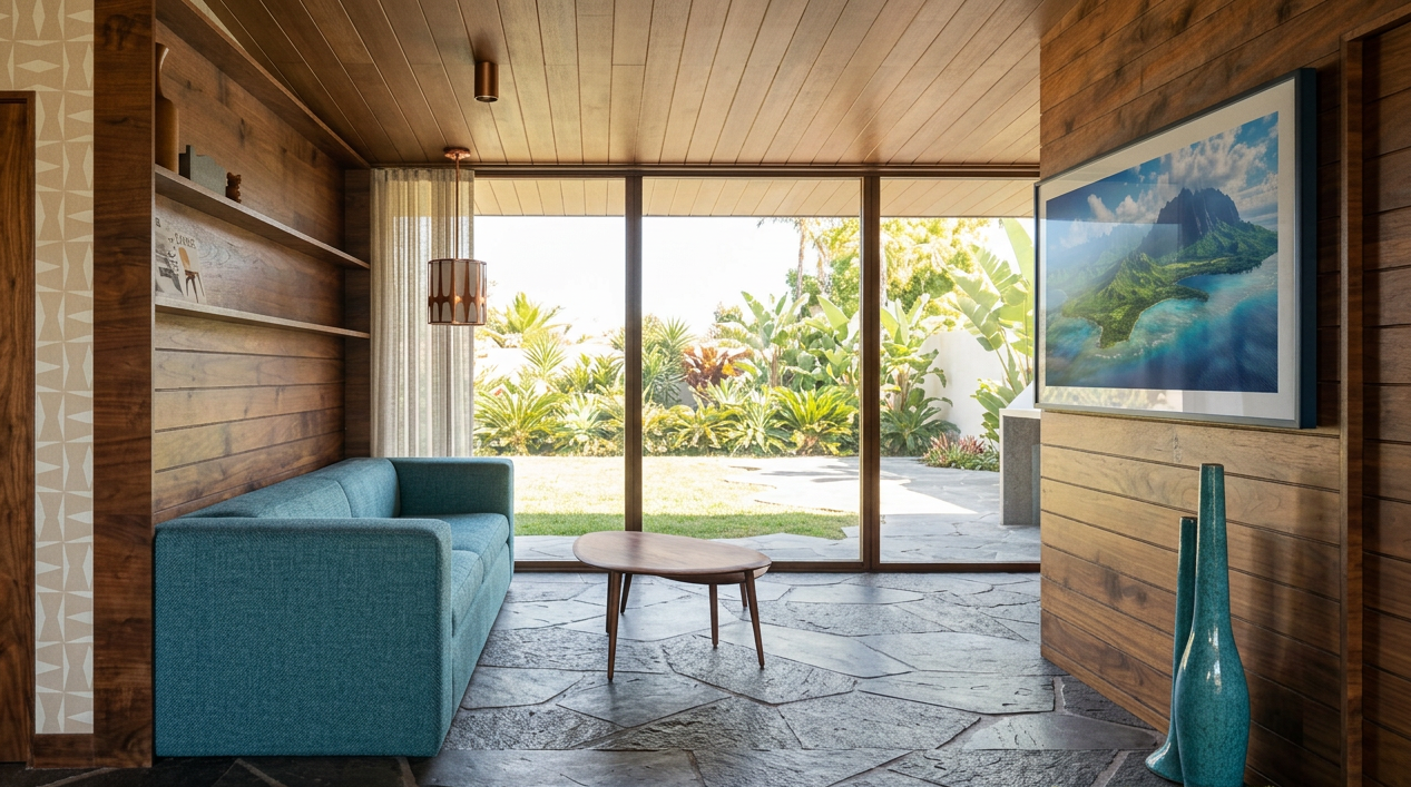 A mid-century modern living room with wooden walls and ceiling, a teal sofa, a wooden coffee table, a large flat-screen TV on the wall, decorative vases, and a view of lush greenery outside through glass sliding doors.
