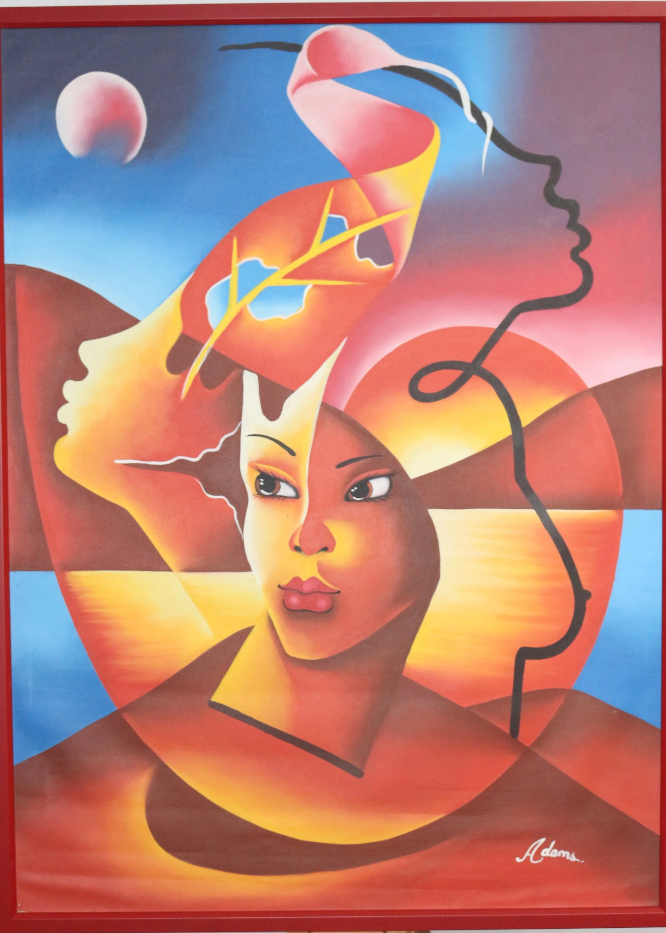 A surreal painting of a woman's face with a sunset background, a large moon, and abstract shapes. The woman's face is depicted with a contemplative expression, with elements like lightning and a map or brain outline incorporated into the composition. The painting has vibrant orange, red, yellow, and blue tones, with the artist's signature, Adams, in the bottom right corner.