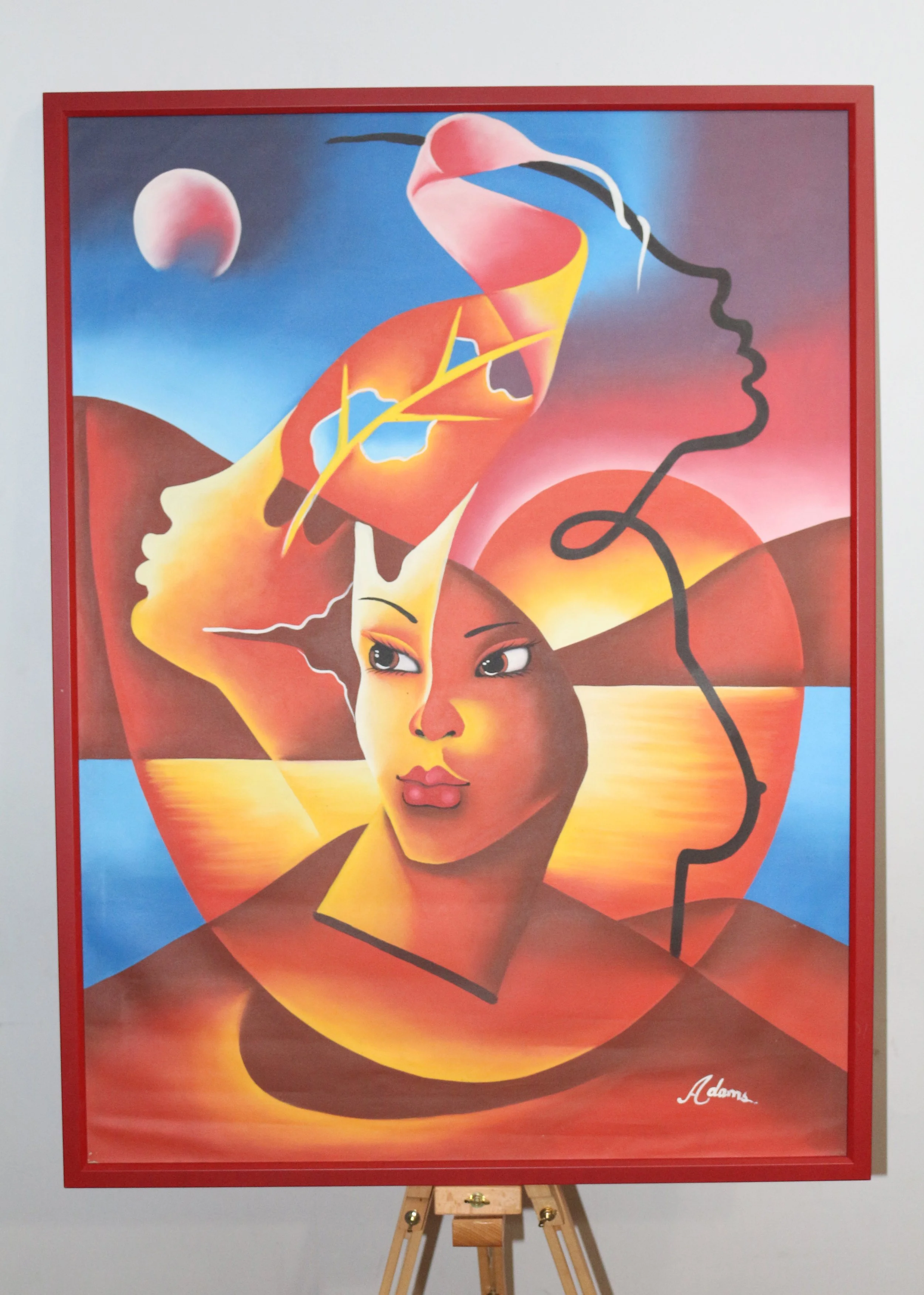 A surreal painting of a woman's face with a landscape, sun, and abstract shapes in the background. The woman's face is in the center with different facial features and expressions, blending elements of nature and imagination.
